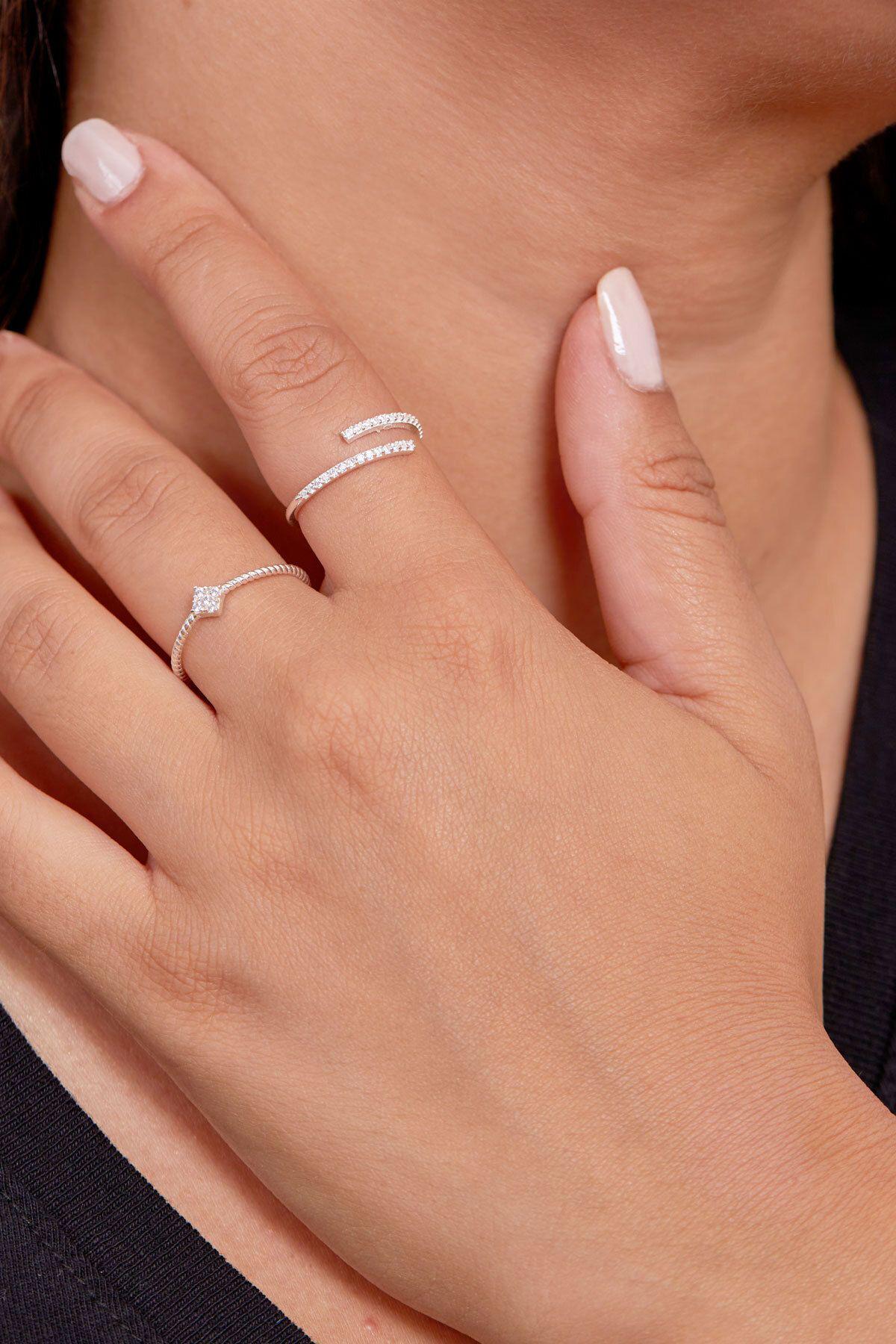 Minimal Ring Set Silver 925 | Dainty Open Band Rings | Zircon Stackable Jewelry | Gift