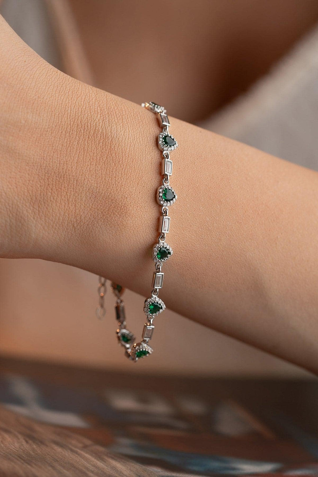 Green Heart Tennis Bracelet | Silver Zircon Bracelet | Dainty Jewelry Gift for Her