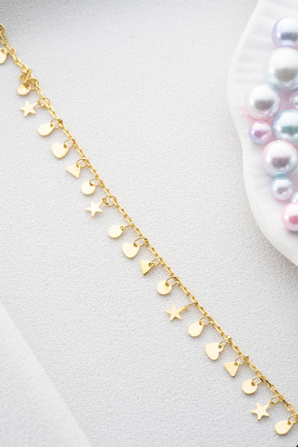 Gold plated Charm Anklet | Heart Star Drop Triangle | Dainty Silver Zircon Ankle Bracelet Gift
