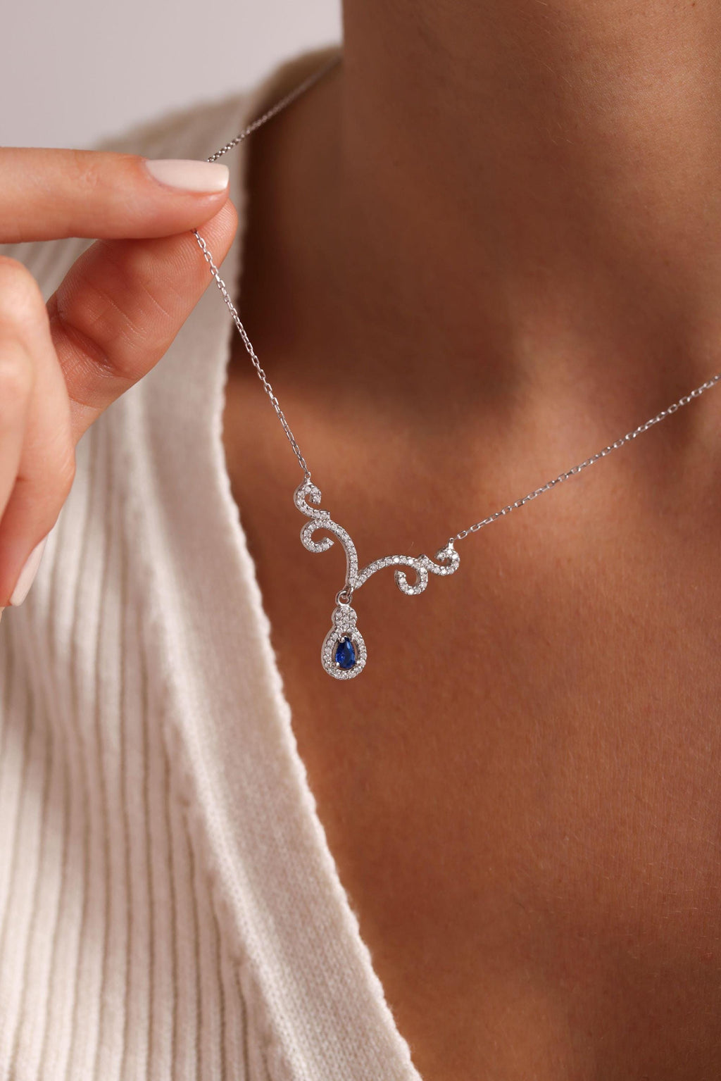 Blue Stone Necklace Silver 925 | Vintage Baroque Jewelry | Dainty Zircon Pendant | Gift for Her