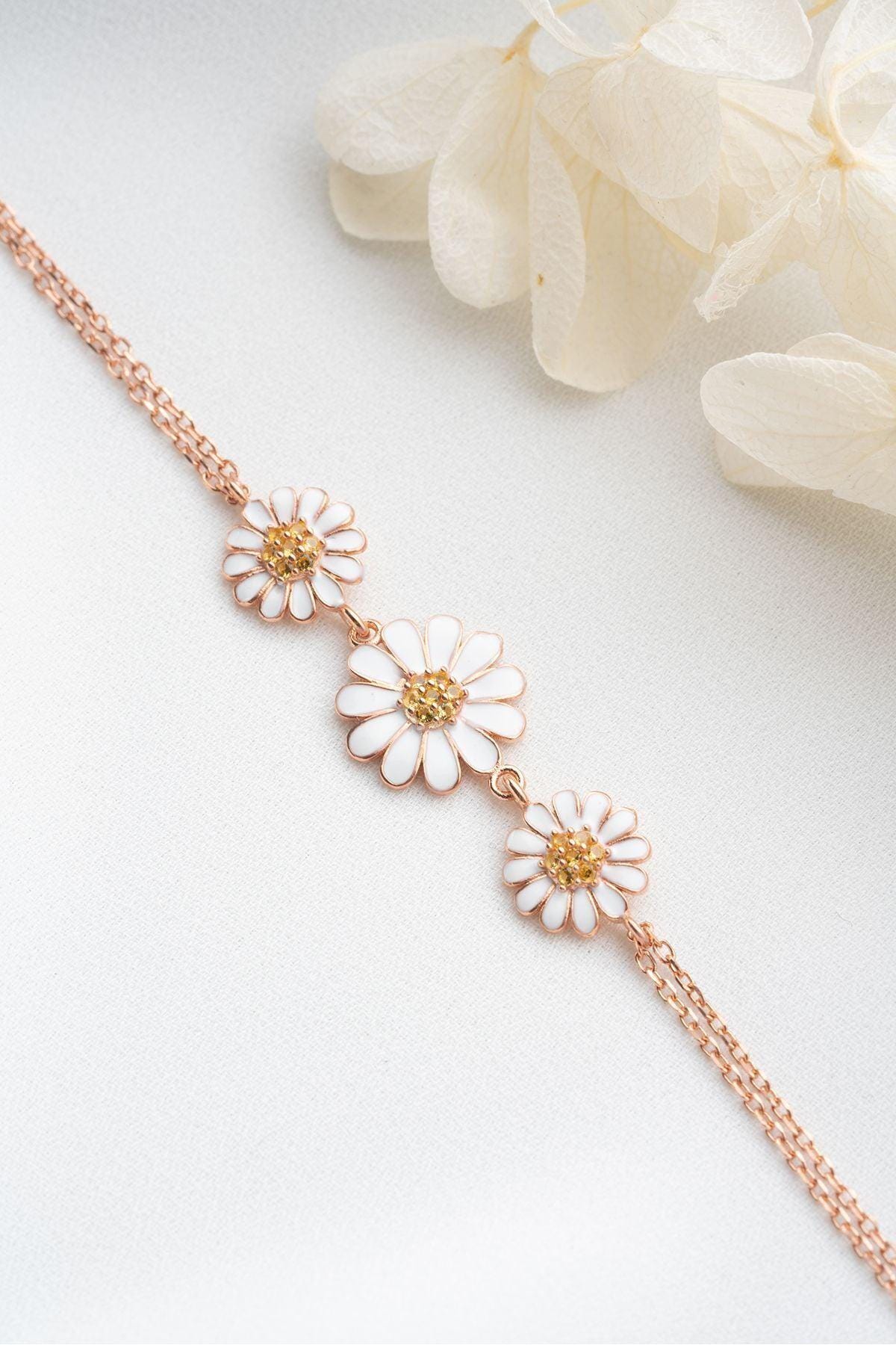 Sterling Silver Daisy Bracelet | Rose Gold Floral Chain Jewelry for Women