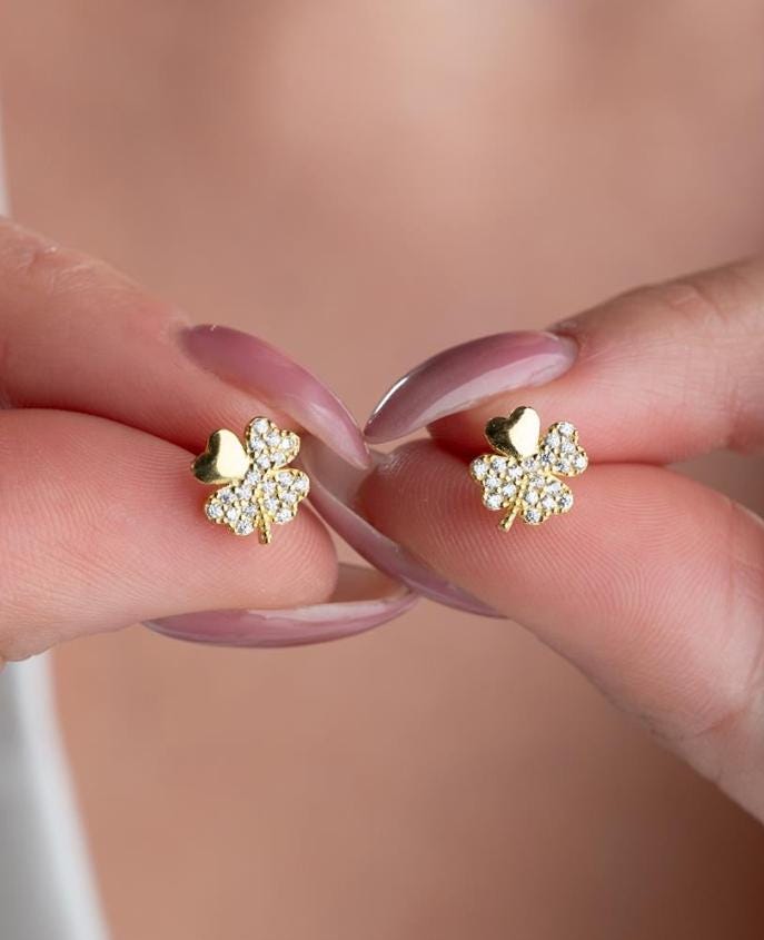 Sterling Silver Clover Earrings | Gold Zircon Lucky Stud Jewelry for Women