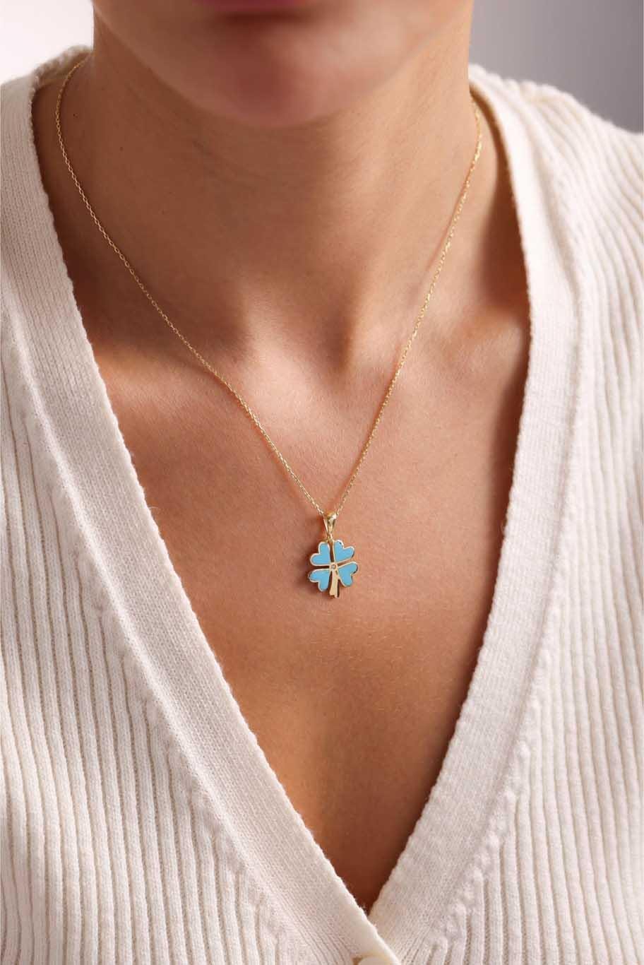 Four Leaf Clover Necklace Silver 925 | Enamel Lucky Jewelry | Dainty Gold Pendant | Gift for Her