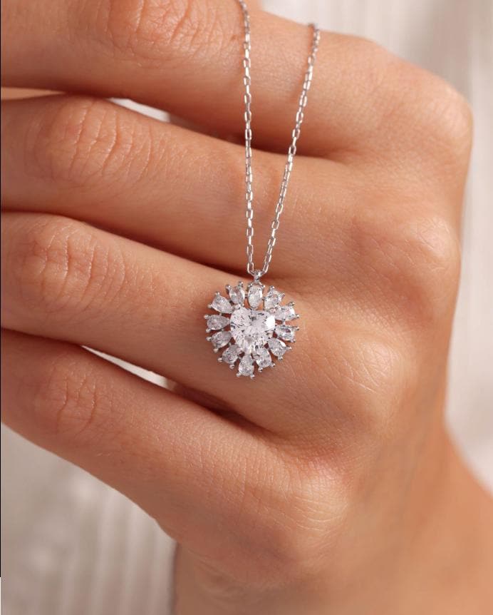 Baguette Heart Necklace Silver 925 | Dainty Zircon Jewelry | Minimal White Heart Pendant | Gift