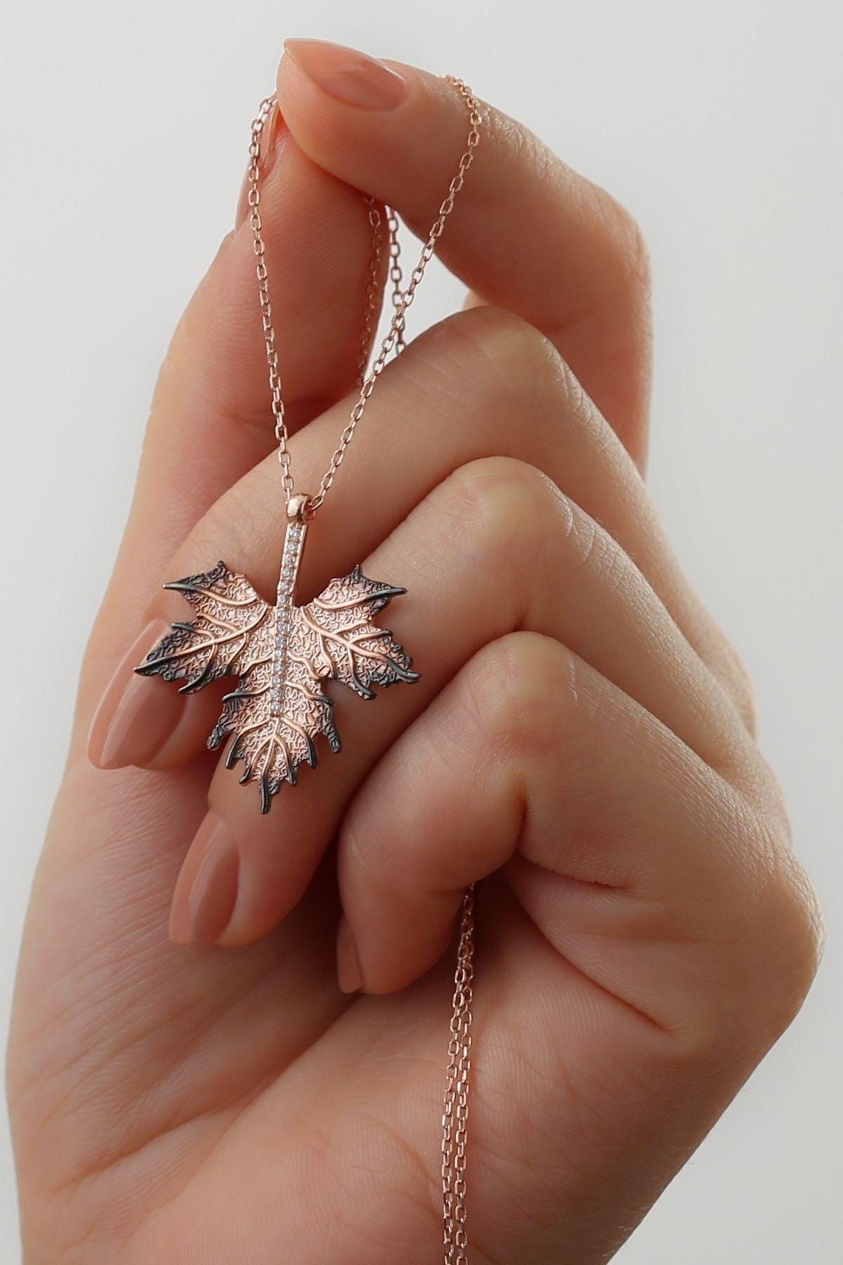 Sterling Silver Maple Leaf Necklace | Gold Zircon Nature Pendant Jewelry