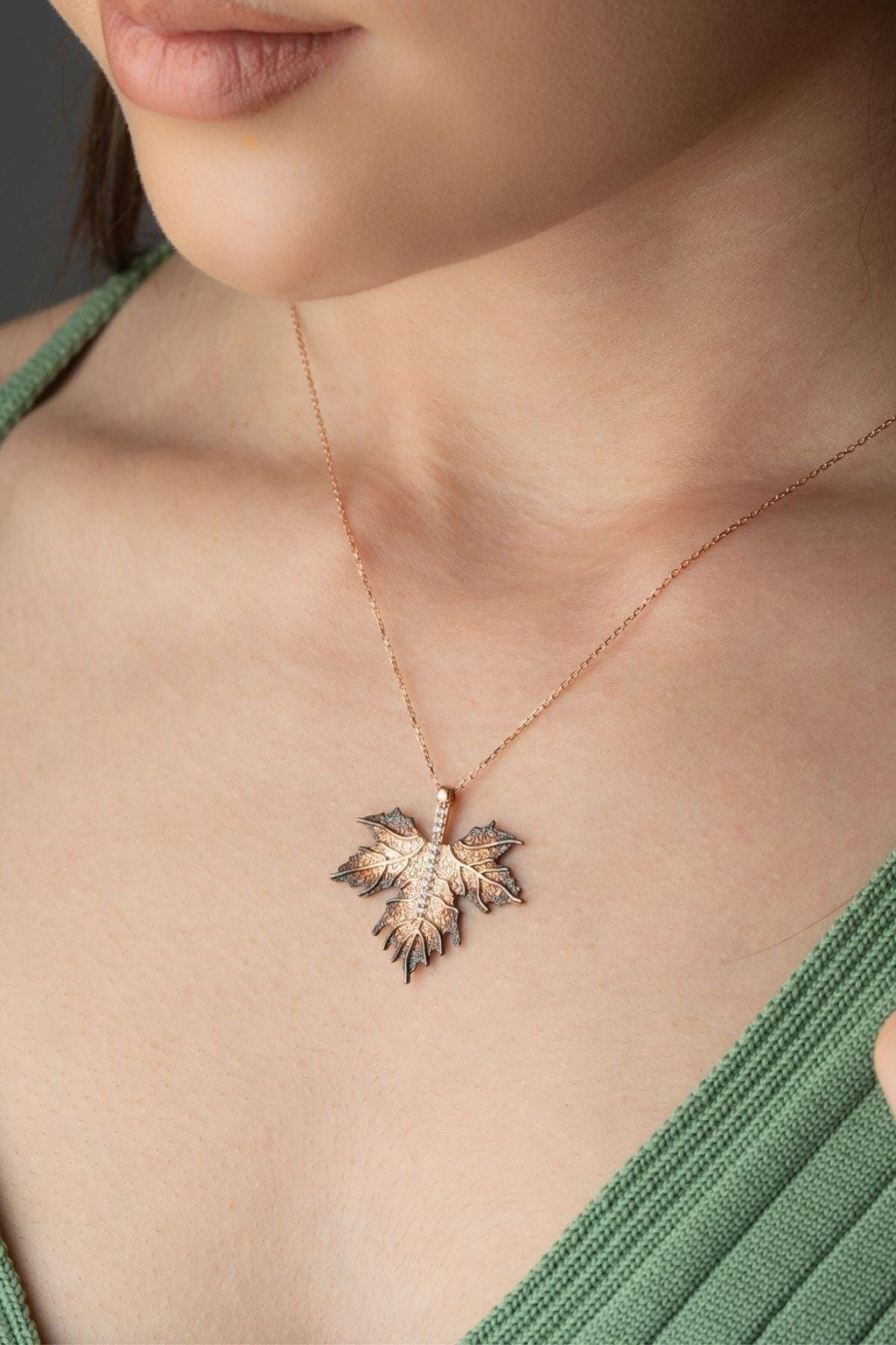 Sterling Silver Maple Leaf Necklace | Gold Zircon Nature Pendant Jewelry