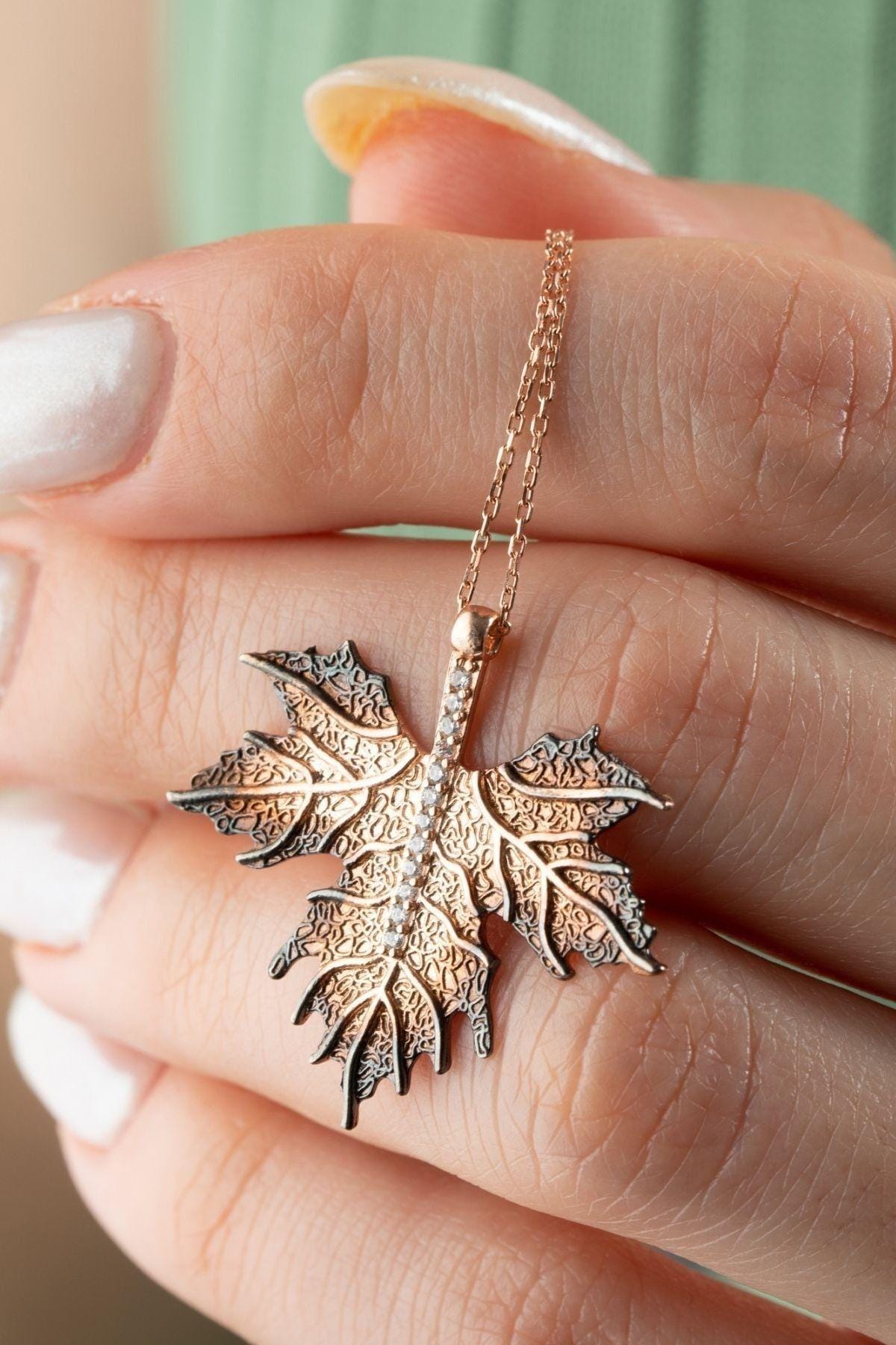 Sterling Silver Maple Leaf Necklace | Gold Zircon Nature Pendant Jewelry