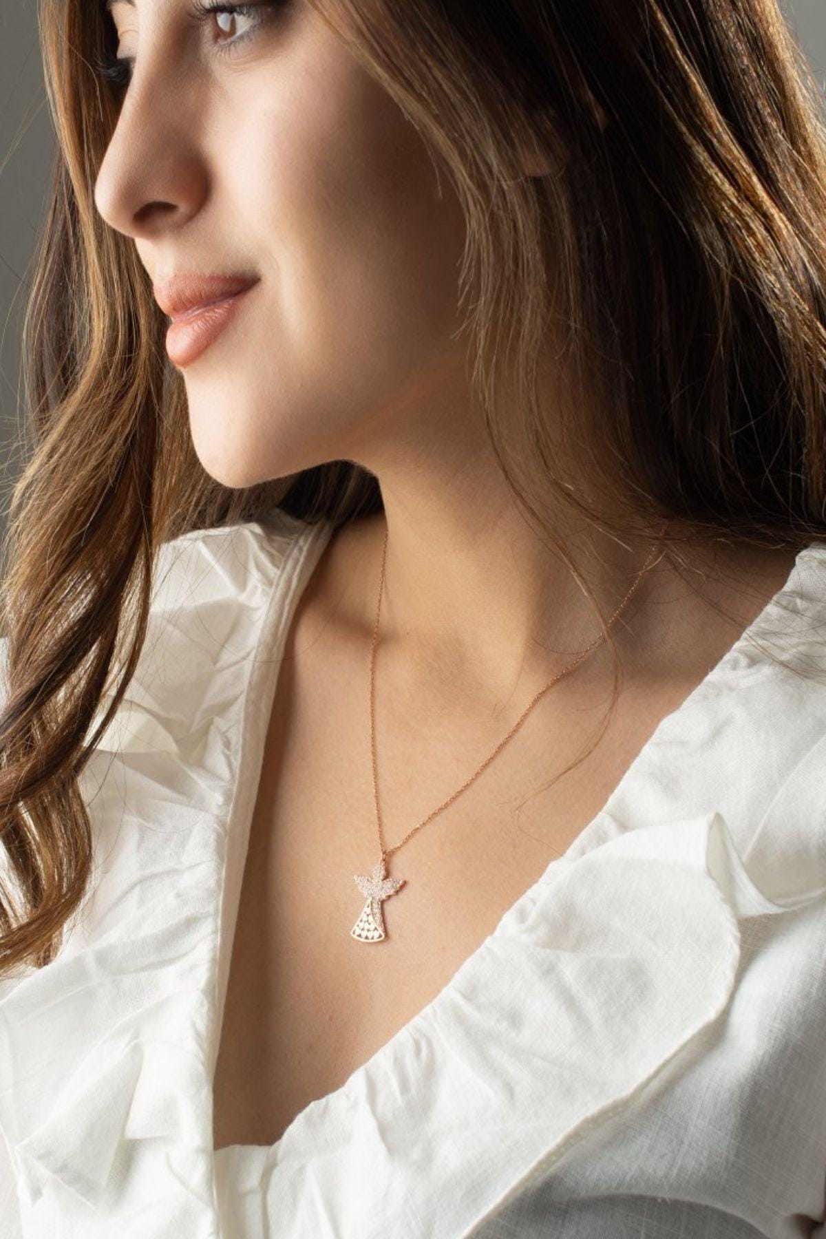 Sterling Silver Angel Necklace | Heart Zircon Rose Gold Pendant Jewelry