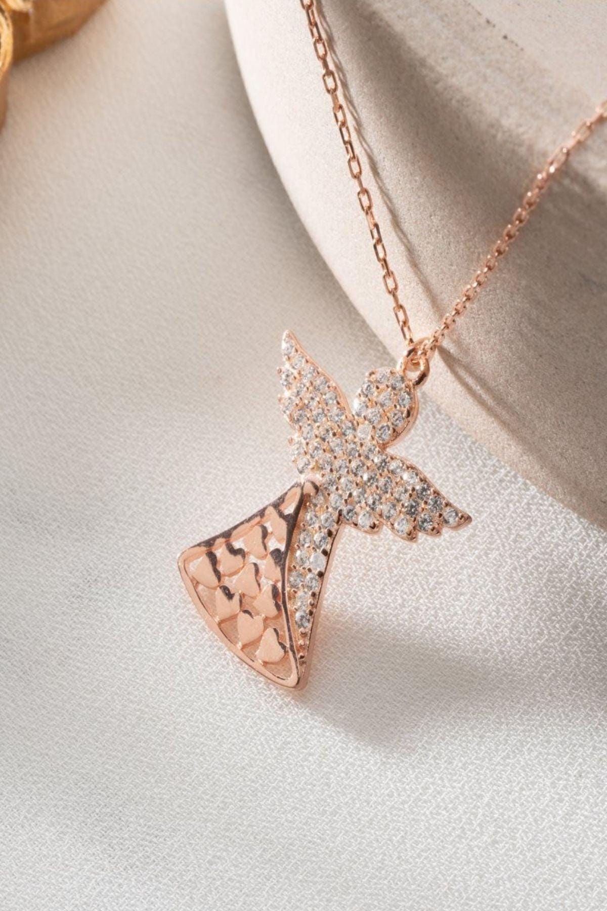 Sterling Silver Angel Necklace | Heart Zircon Rose Gold Pendant Jewelry