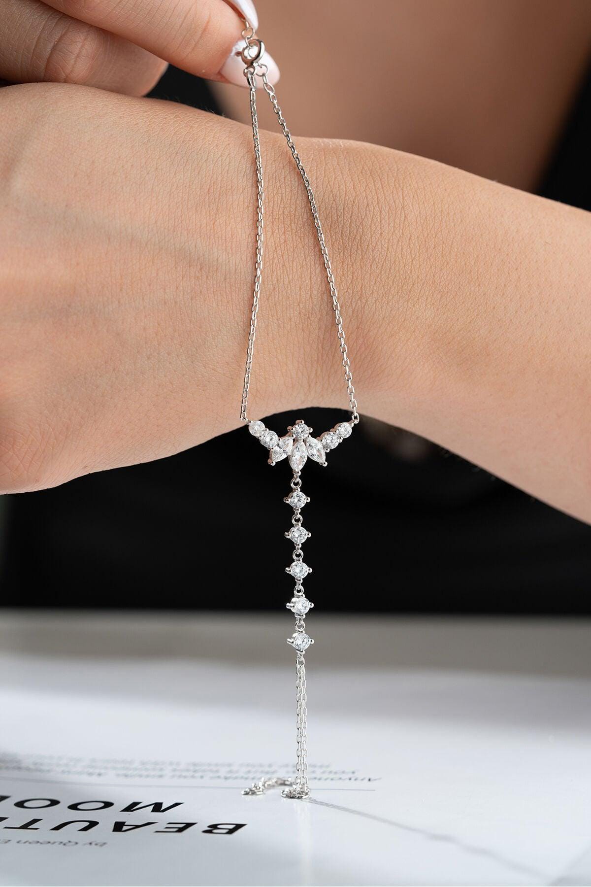 Sterling Silver Shahmaran Bracelet | White Zircon Hand Chain | Feminine Minimal Jewelry