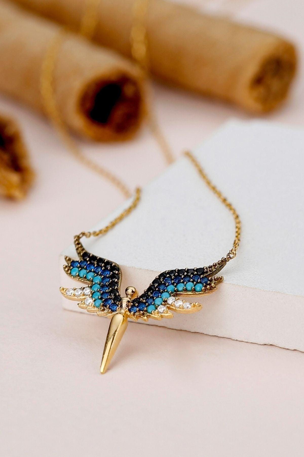 Sterling Silver Angel Wing Necklace | Blue Zircon Gold Pendant Jewelry