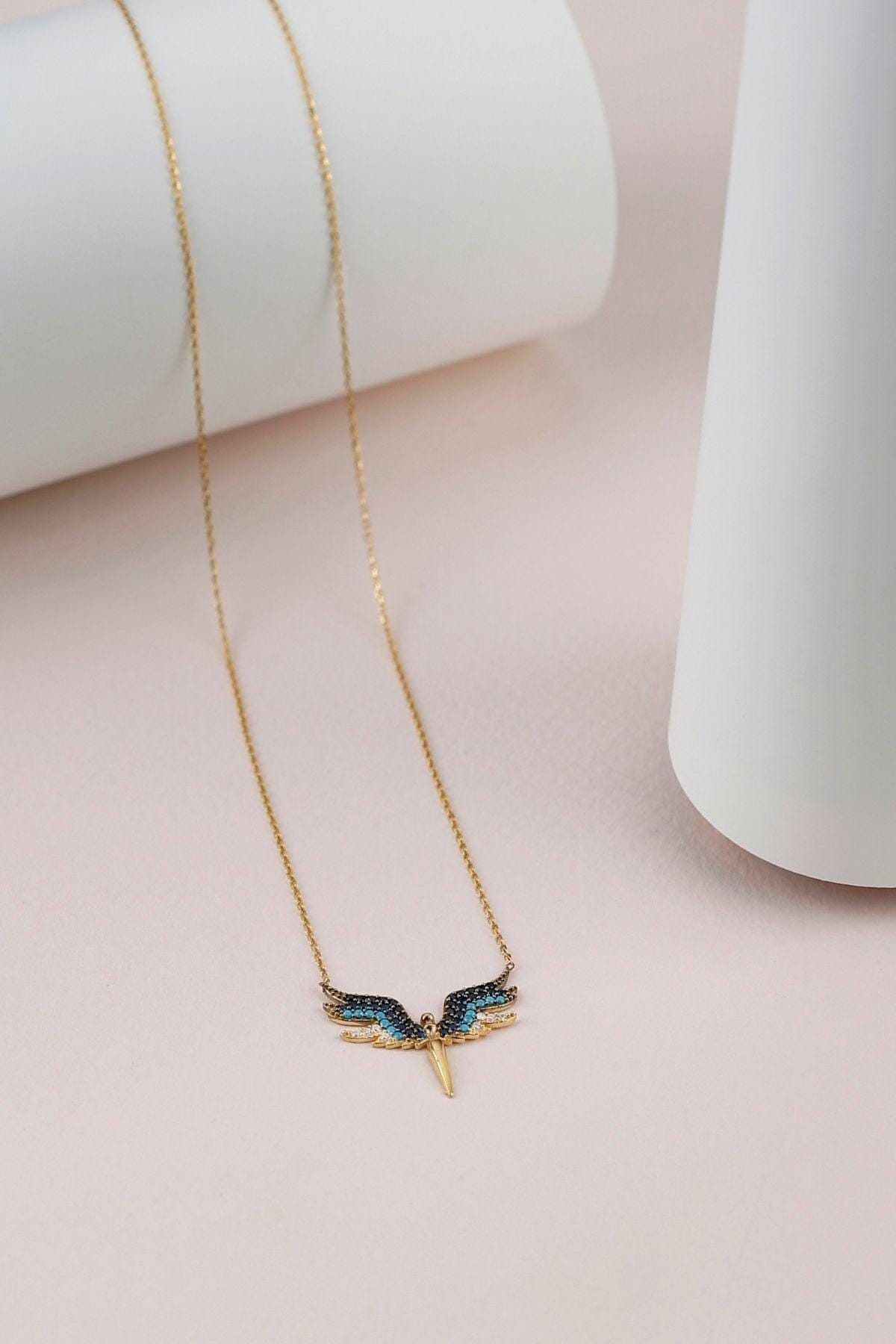 Sterling Silver Angel Wing Necklace | Blue Zircon Gold Pendant Jewelry