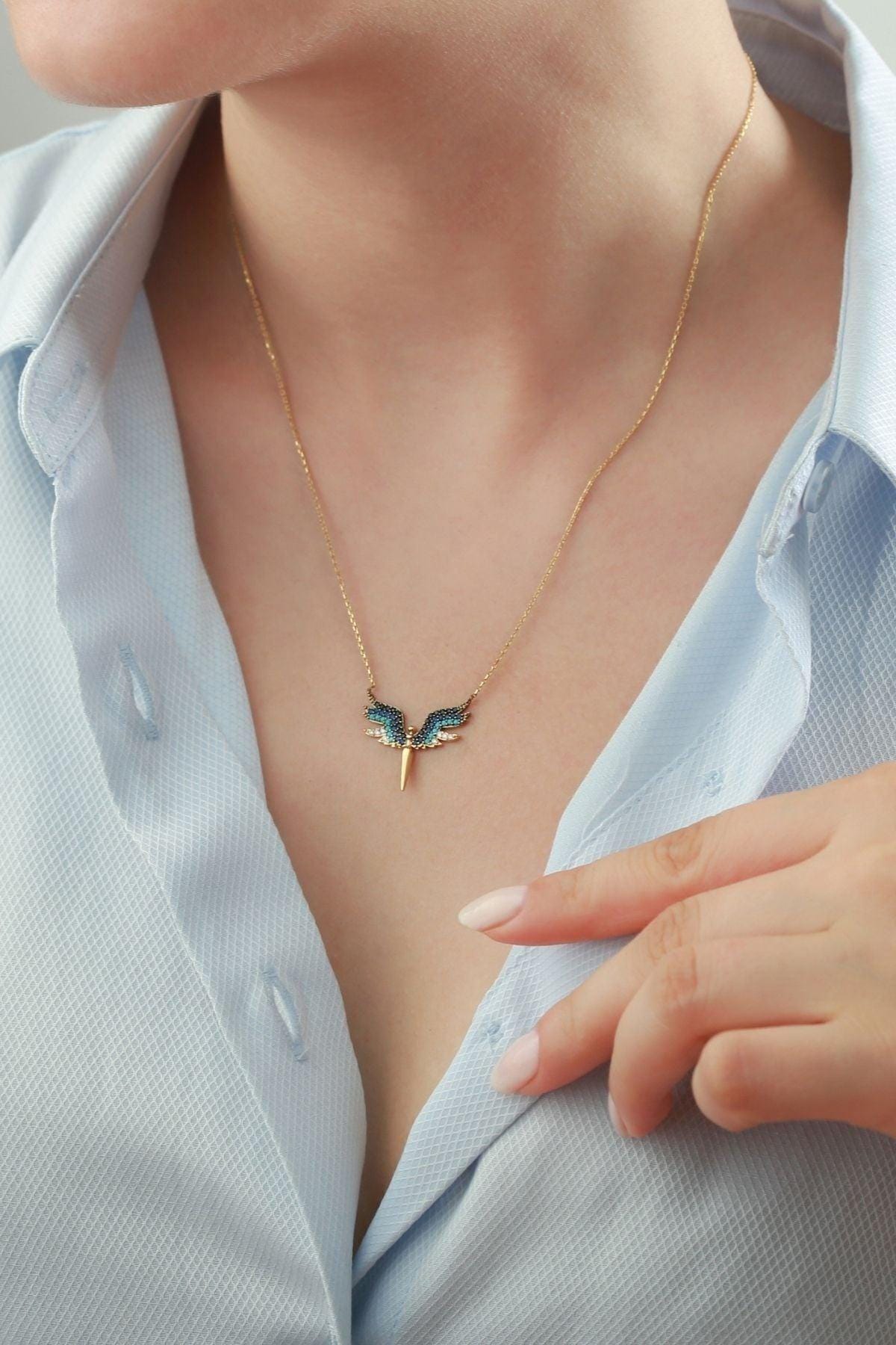 Sterling Silver Angel Wing Necklace | Blue Zircon Gold Pendant Jewelry