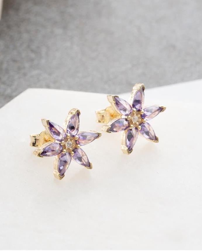 Lotus Flower Earrings Silver 925 | Purple Zircon Stud | Dainty Gold Jewelry | Gift for Her