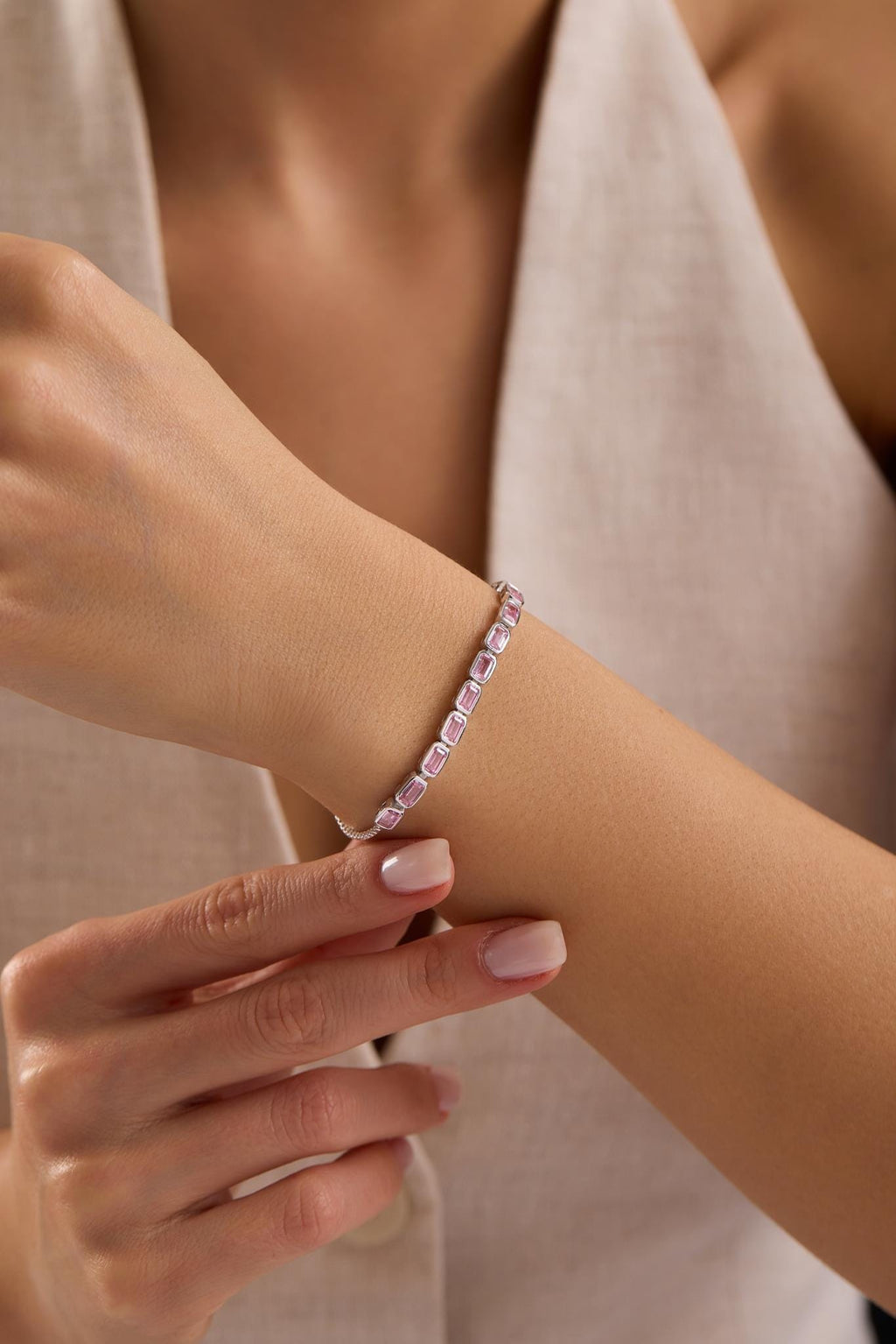 Pink Baguette Bracelet Silver 925 | Adjustable Tennis Jewelry | Dainty Zircon Chain | Gift