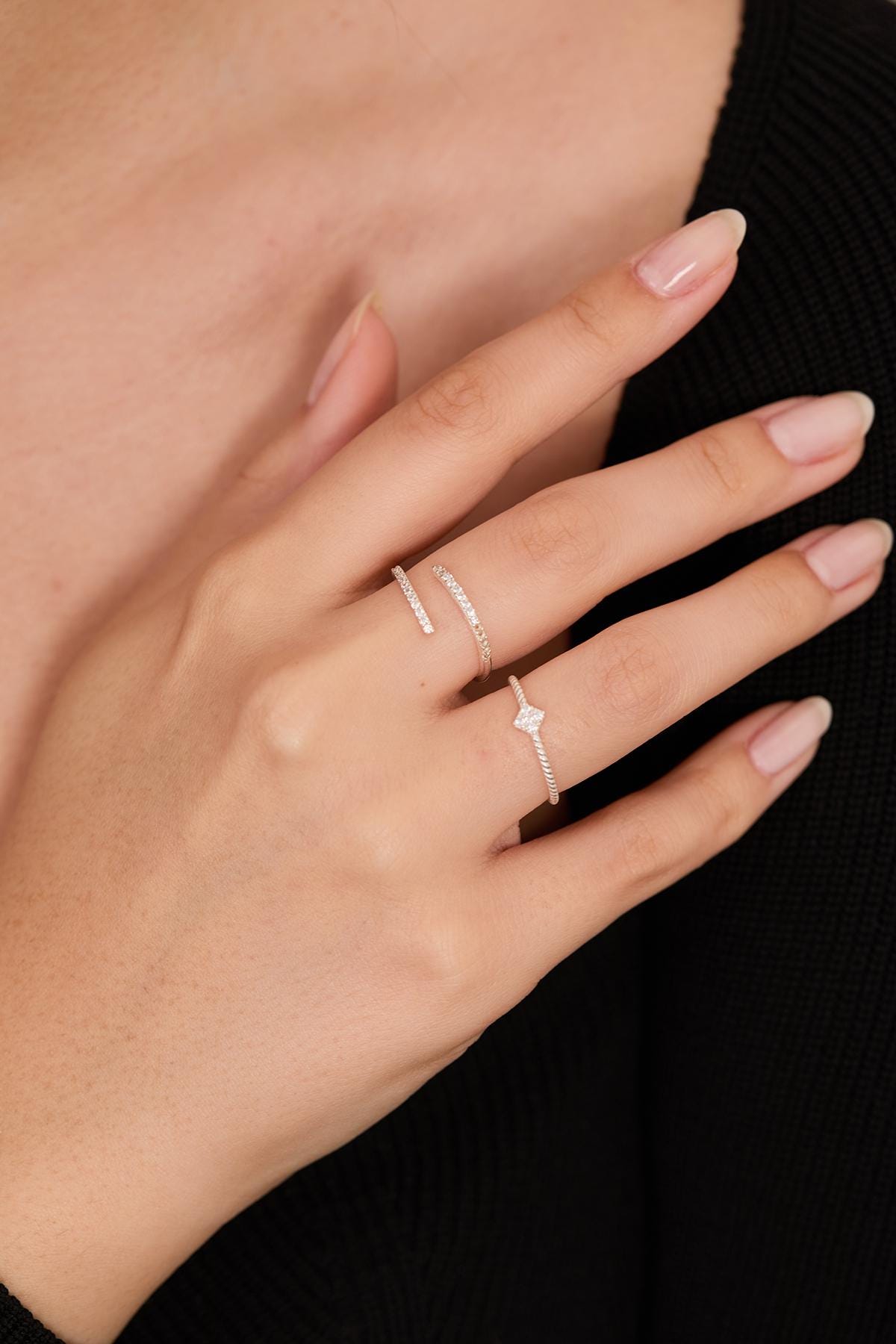 Minimal Ring Set Silver 925 | Dainty Open Band Rings | Zircon Stackable Jewelry | Gift