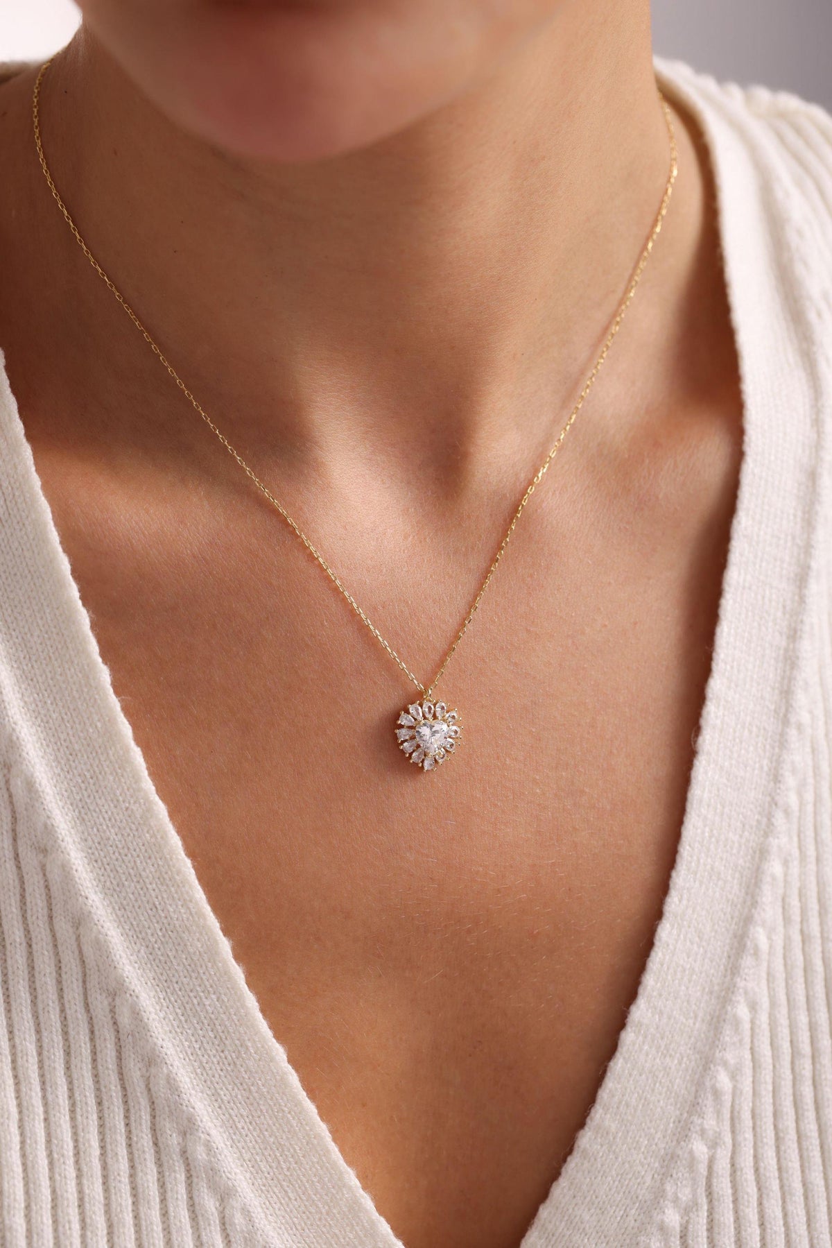 Gold plated Heart Necklace | Sterling Silver Baguette Zircon Pendant Jewelry