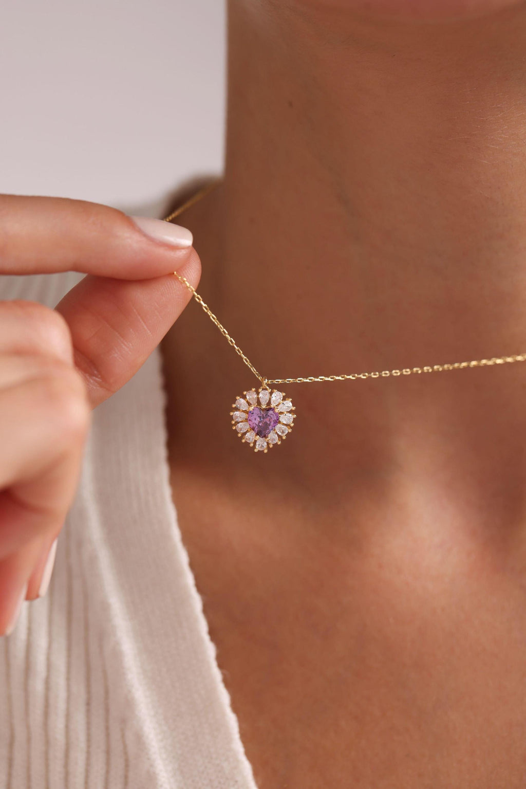 Gold Plated Purple Heart Necklace | Sterling Silver Zircon Pendant | Romantic Jewelry