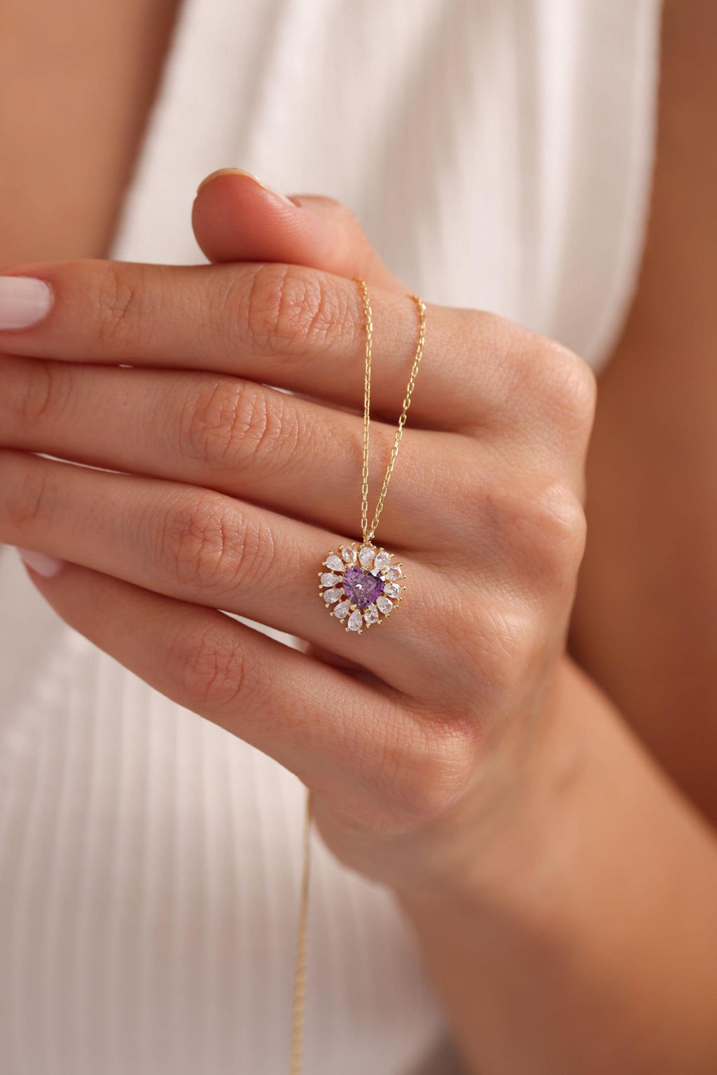 Gold Plated Purple Heart Necklace | Sterling Silver Zircon Pendant | Romantic Jewelry