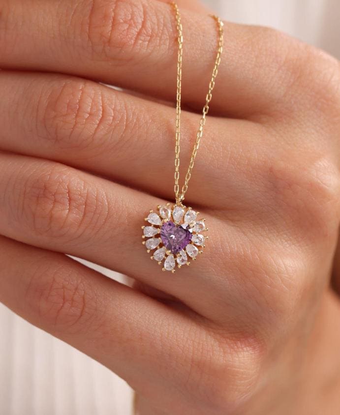 Gold Plated Purple Heart Necklace | Sterling Silver Zircon Pendant | Romantic Jewelry