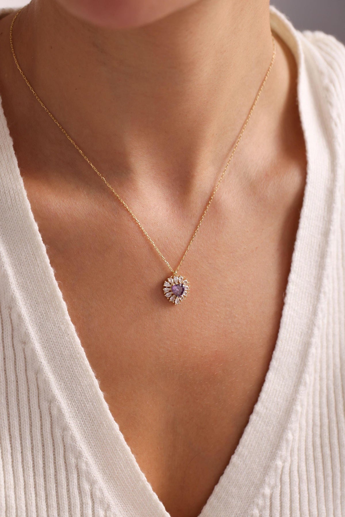 Gold Plated Purple Heart Necklace | Sterling Silver Zircon Pendant | Romantic Jewelry