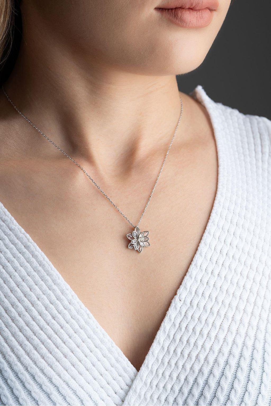 White Lotus Flower Necklace | 925 Sterling Silver Necklace | Zircon Pendant Gift for Her
