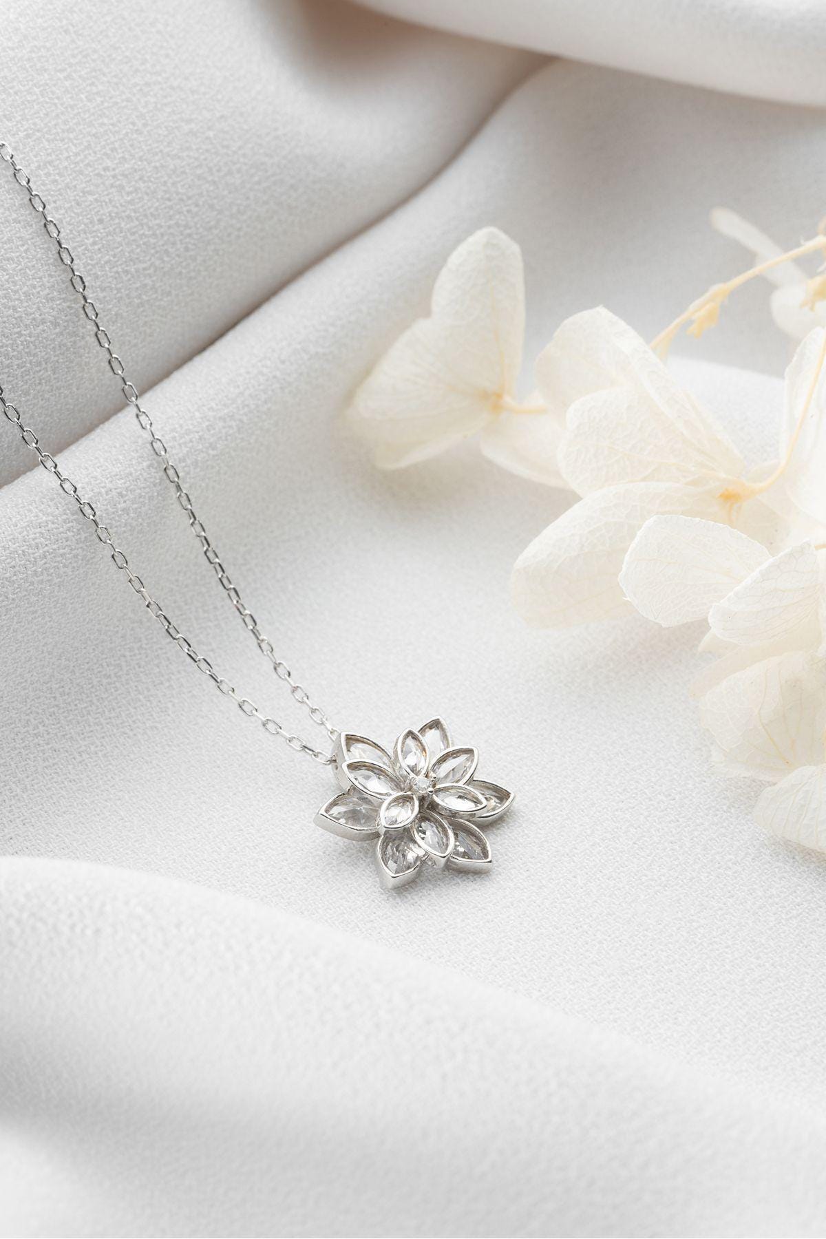 White Lotus Flower Necklace | 925 Sterling Silver Necklace | Zircon Pendant Gift for Her