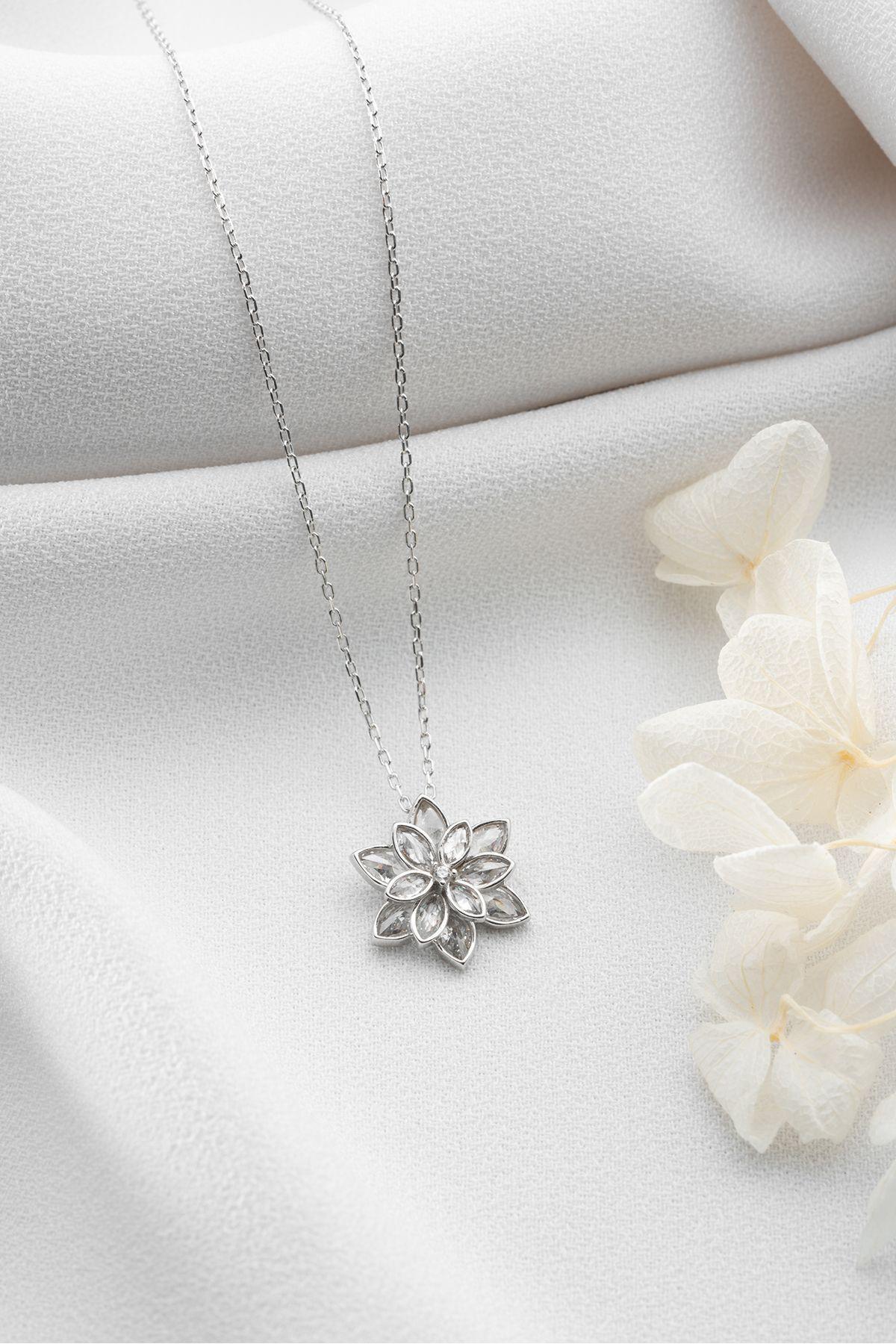 White Lotus Flower Necklace | 925 Sterling Silver Necklace | Zircon Pendant Gift for Her