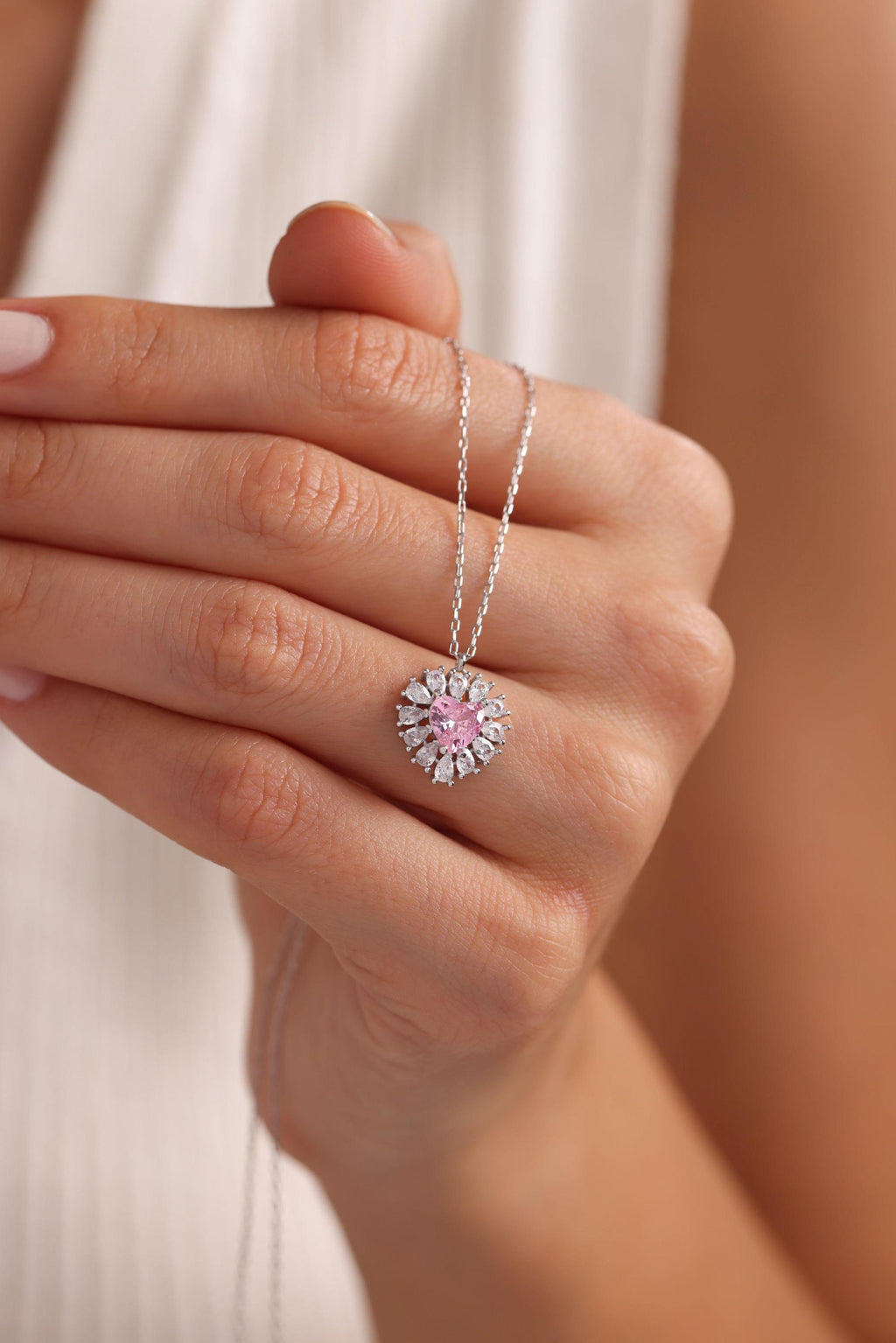Pink Heart Necklace | 925 Sterling Silver Necklace | Zircon Heart Pendant