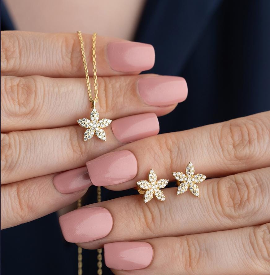 Flower Jewelry Set | 925 Sterling Silver Necklace Earrings Set for Women
