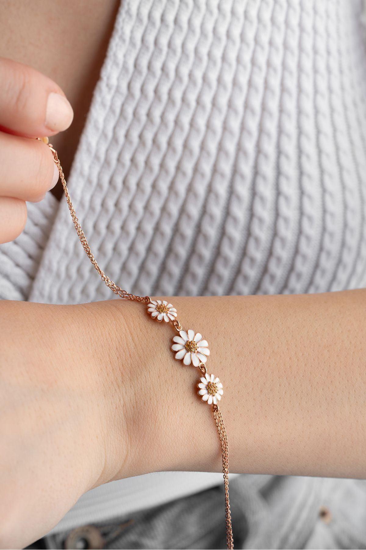 Sterling Silver Daisy Bracelet | Rose Gold Floral Chain Jewelry for Women