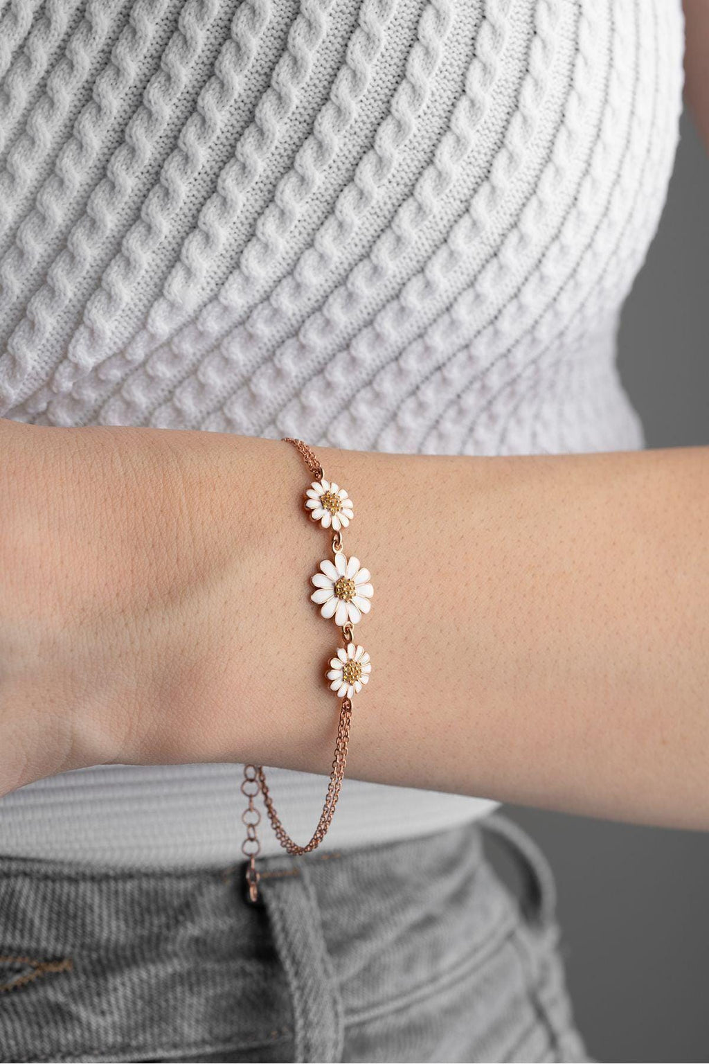 Sterling Silver Daisy Bracelet | Rose Gold Floral Chain Jewelry for Women