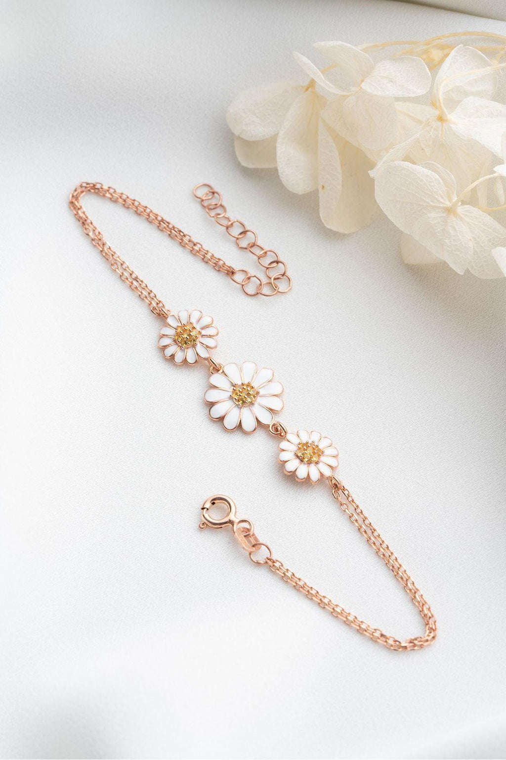 Sterling Silver Daisy Bracelet | Rose Gold Floral Chain Jewelry for Women