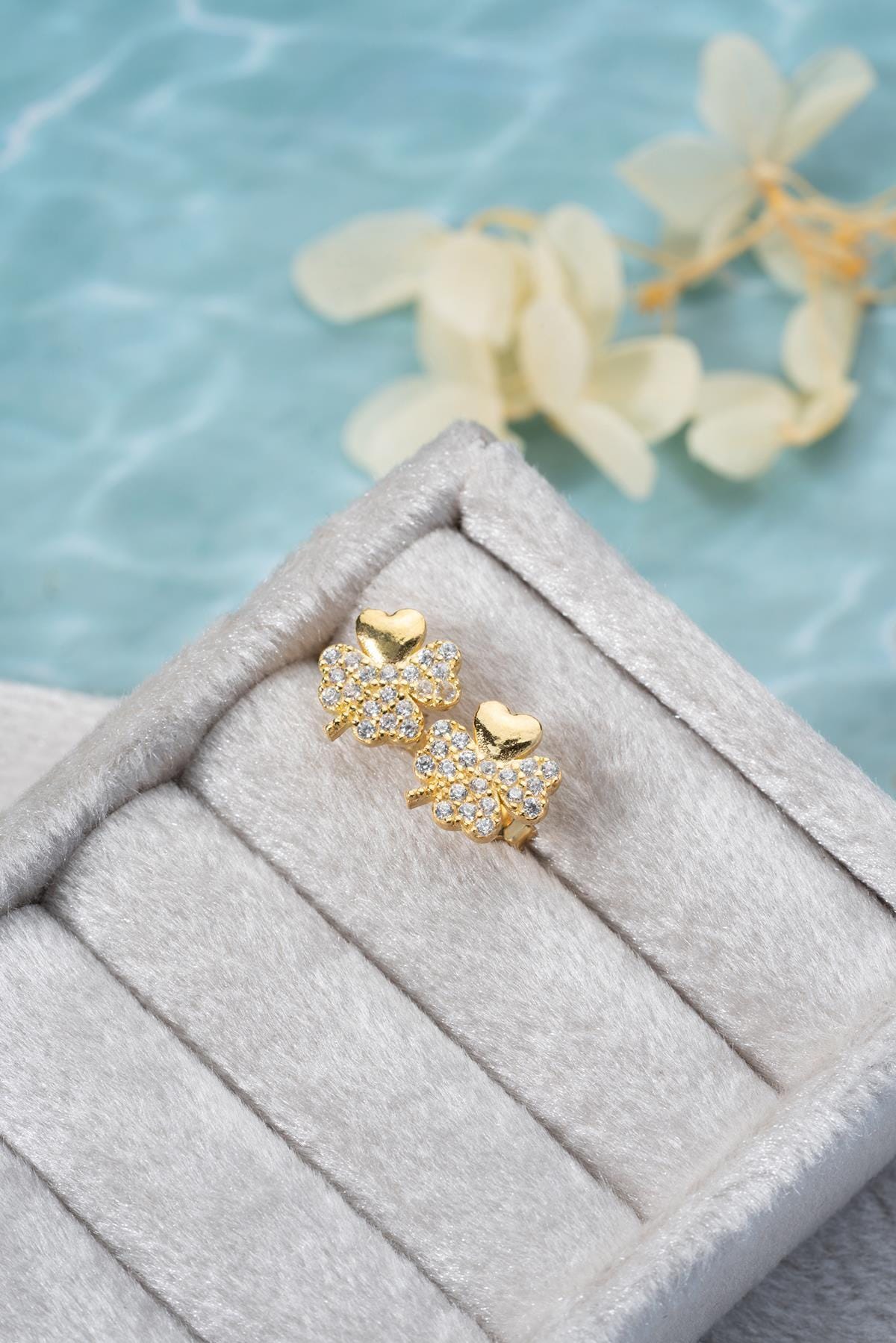 Sterling Silver Clover Earrings | Gold Zircon Lucky Stud Jewelry for Women