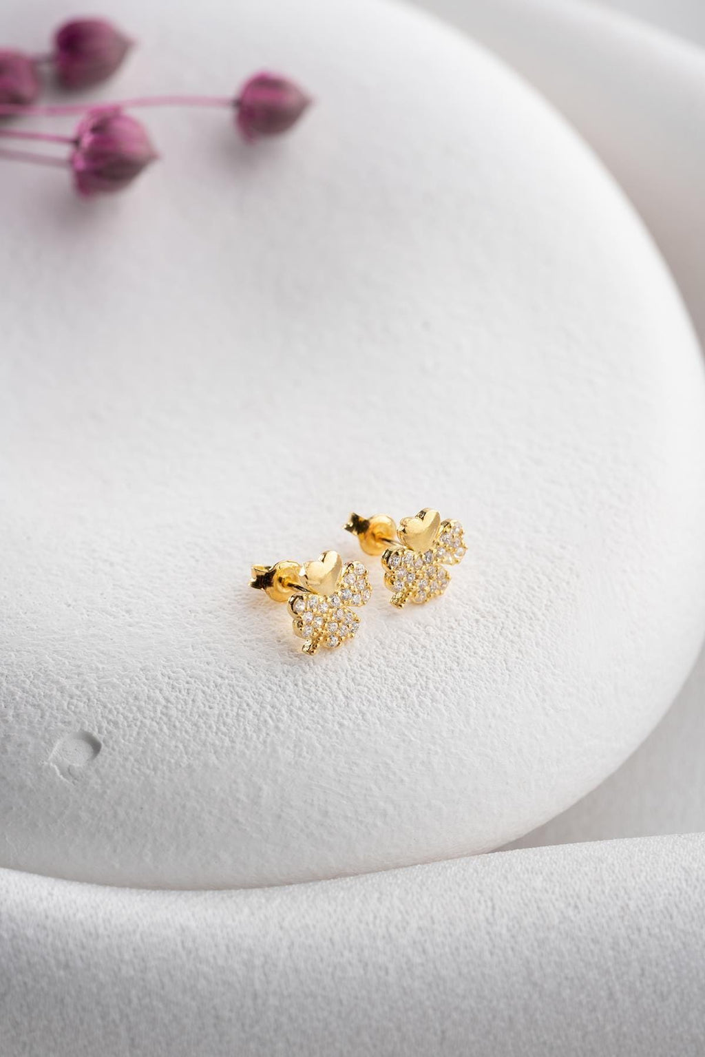 Sterling Silver Clover Earrings | Gold Zircon Lucky Stud Jewelry for Women
