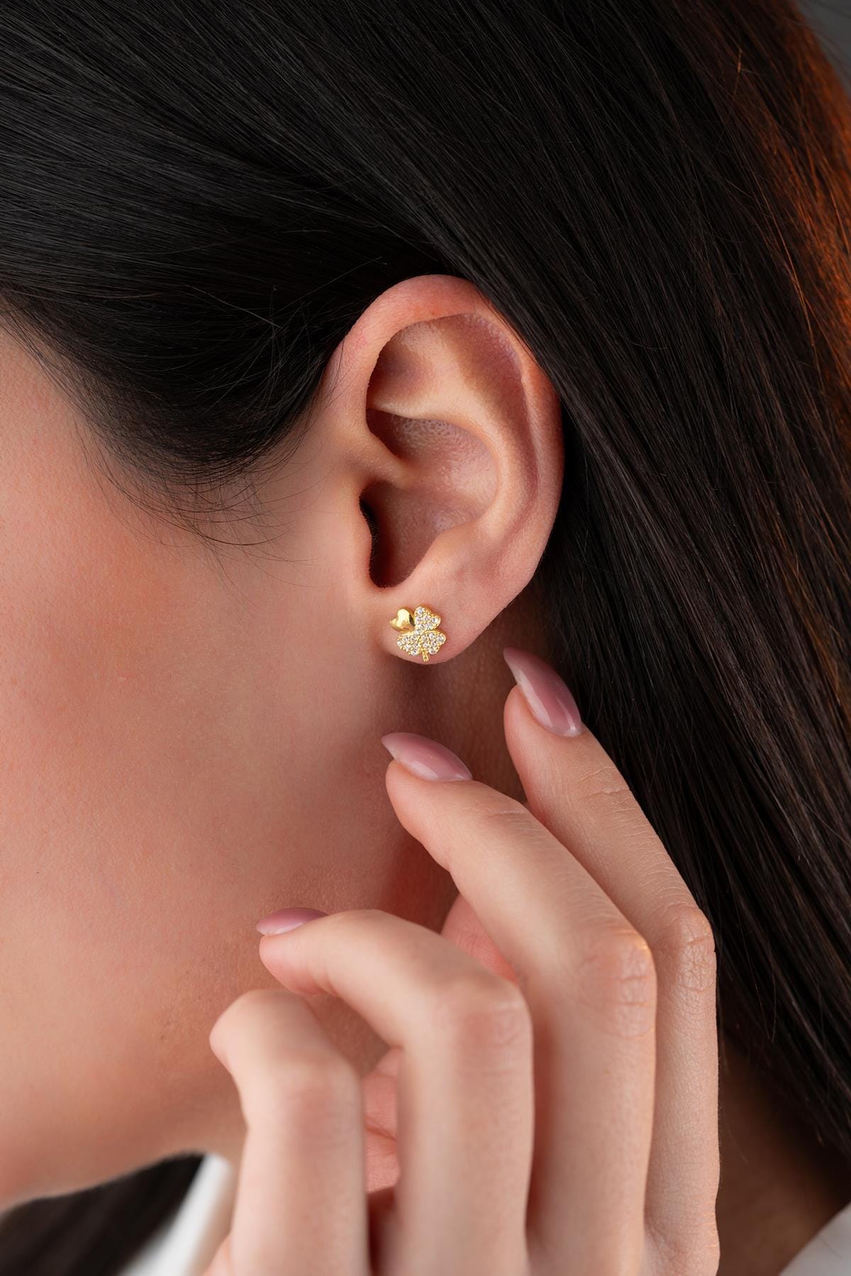 Sterling Silver Clover Earrings | Gold Zircon Lucky Stud Jewelry for Women