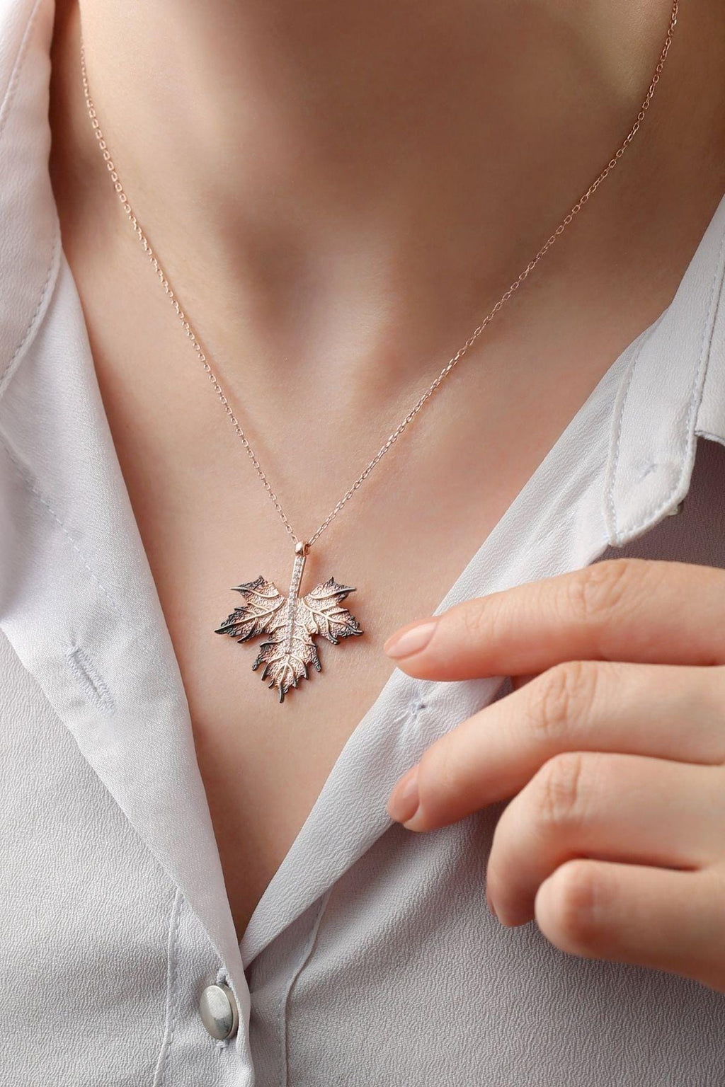 Sterling Silver Maple Leaf Necklace | Gold Zircon Nature Pendant Jewelry