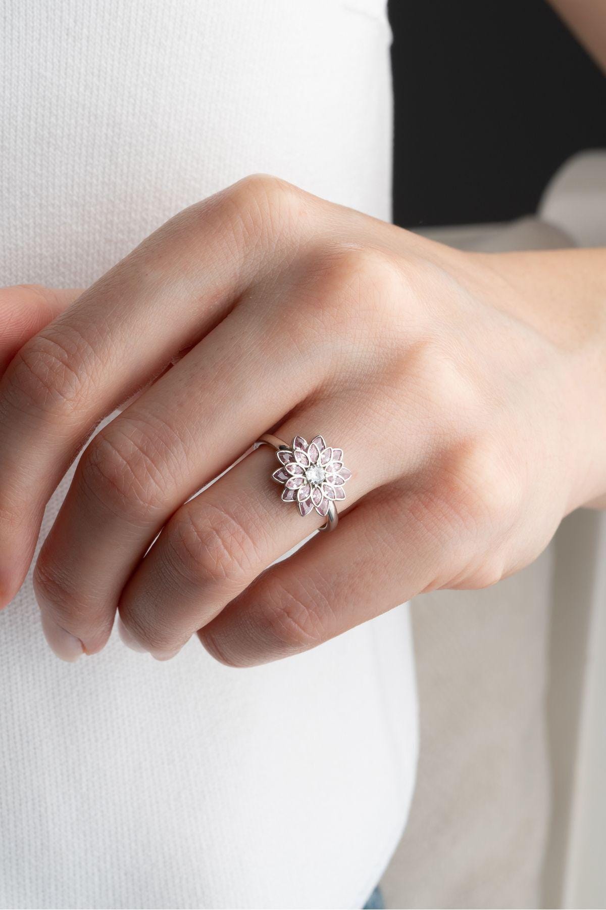 Sterling Silver Lotus Ring | Pink Zircon Floral Adjustable Jewelry