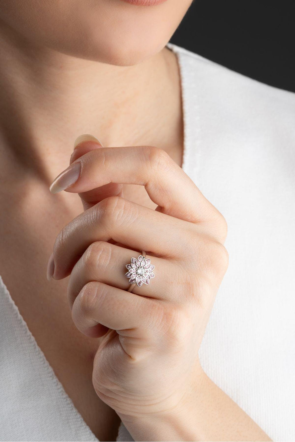 Sterling Silver Lotus Ring | Pink Zircon Floral Adjustable Jewelry