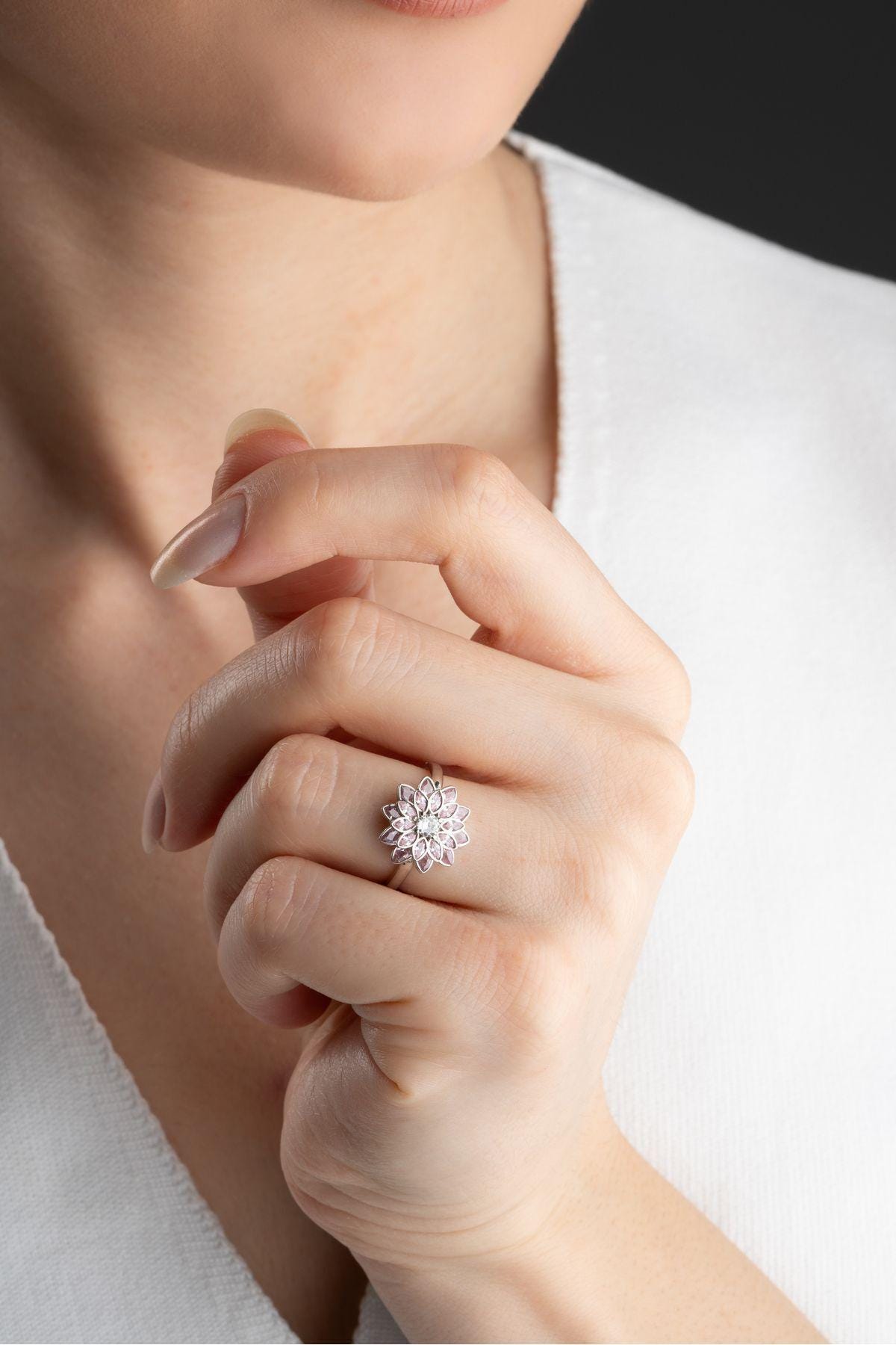 Sterling Silver Lotus Ring | Pink Zircon Floral Adjustable Jewelry