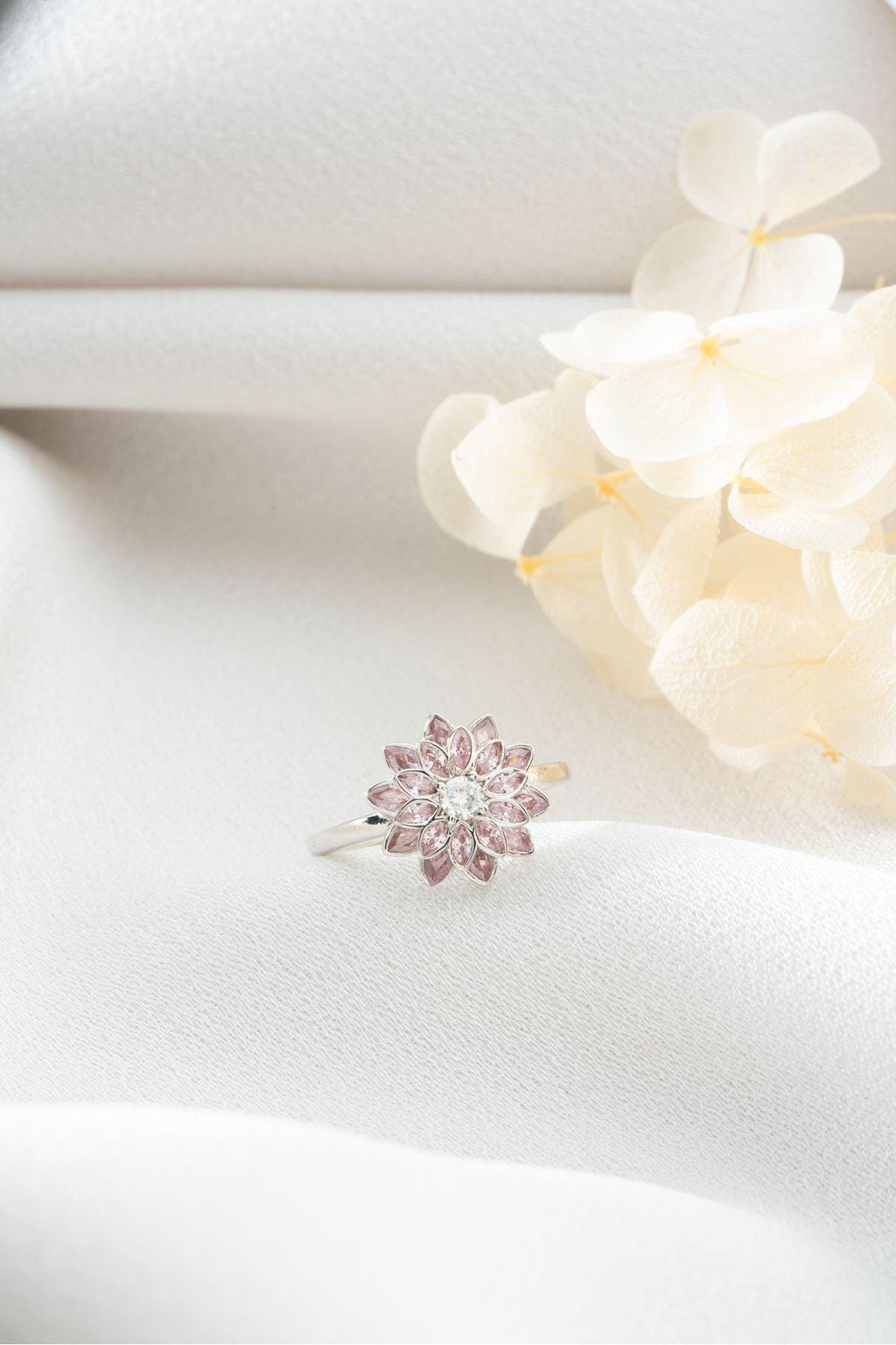 Sterling Silver Lotus Ring | Pink Zircon Floral Adjustable Jewelry