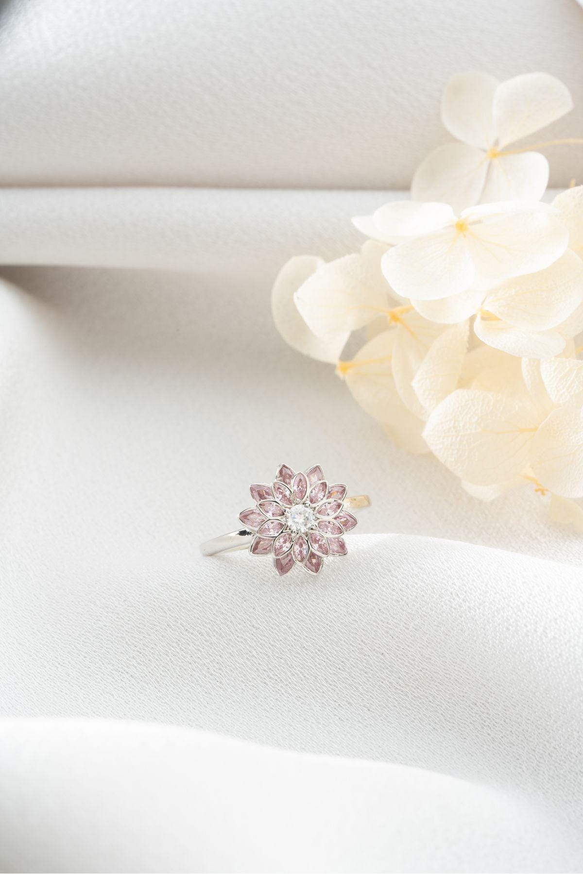 Sterling Silver Lotus Ring | Pink Zircon Floral Adjustable Jewelry