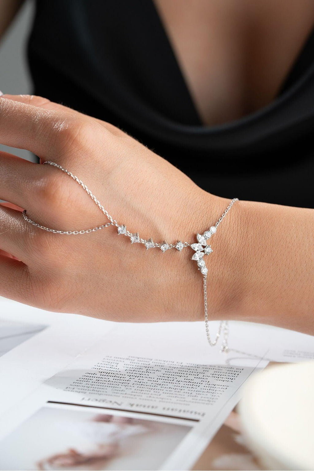 Sterling Silver Shahmaran Bracelet | White Zircon Hand Chain | Feminine Minimal Jewelry