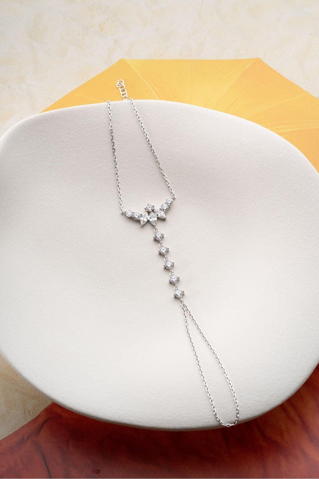 Sterling Silver Shahmaran Bracelet | White Zircon Hand Chain | Feminine Minimal Jewelry