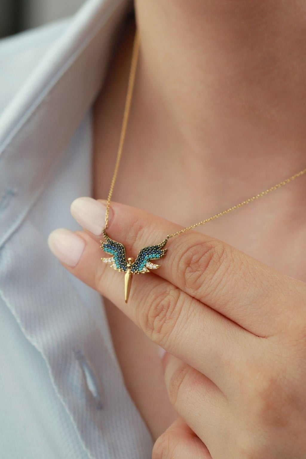 Sterling Silver Angel Wing Necklace | Blue Zircon Gold Pendant Jewelry
