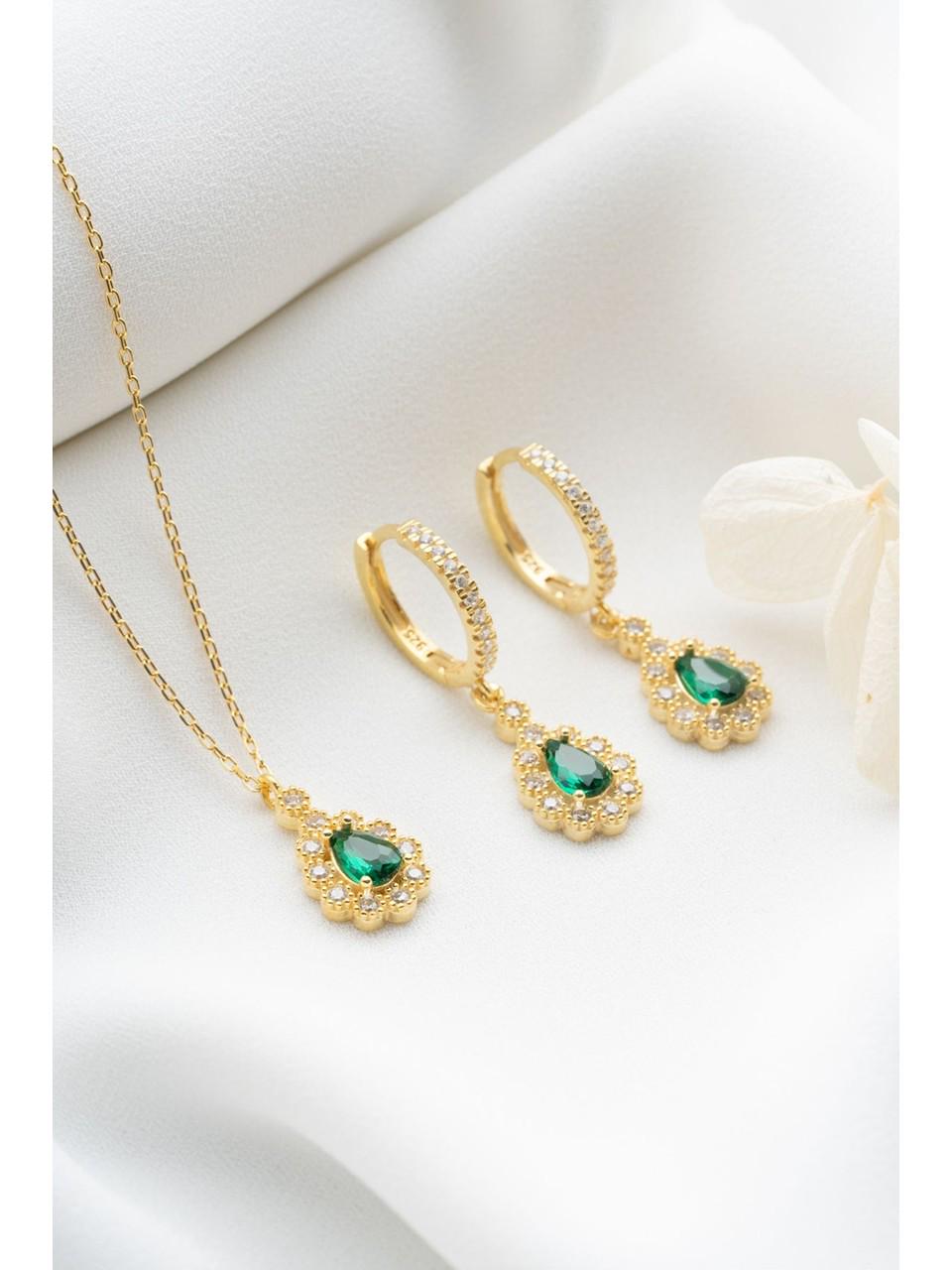 Emerald Drop Jewelry Set | 925 Sterling Silver Necklace Earrings Set