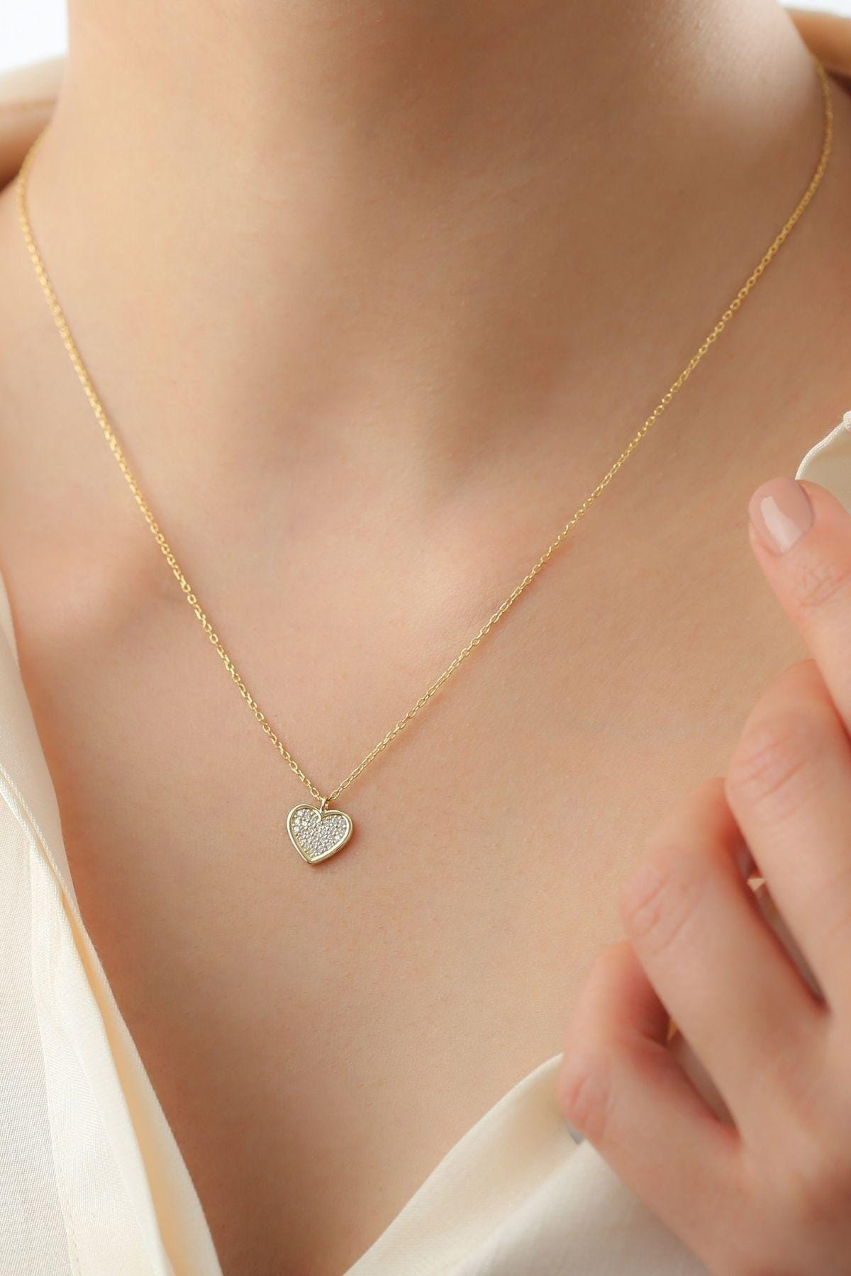 Gold Plated Heart Necklace | Sterling Silver Zircon Pendant | Minimal Love Jewelry