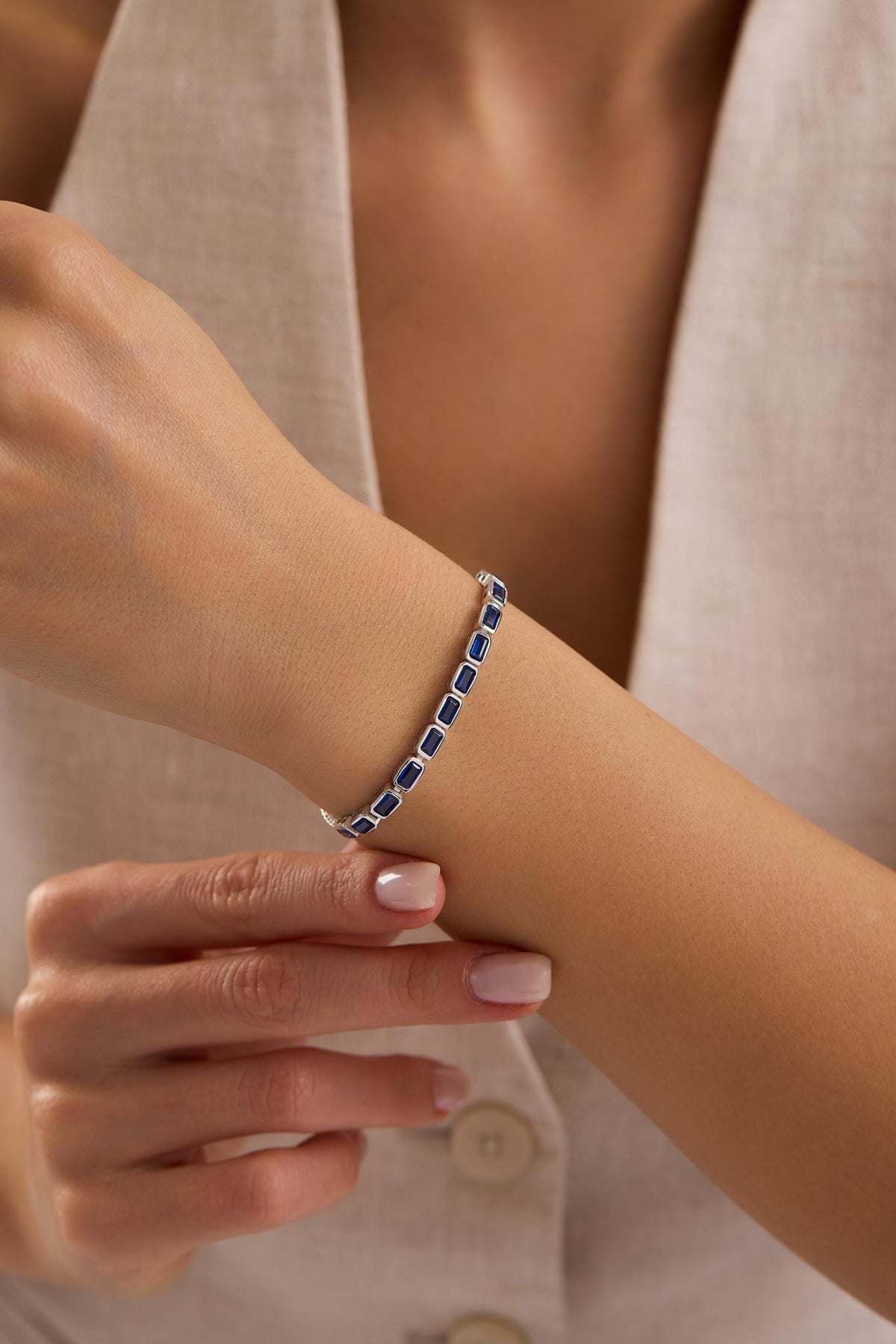 Rhodium Blue Baguette Bracelet | Sterling Silver Adjustable Zircon Jewelry