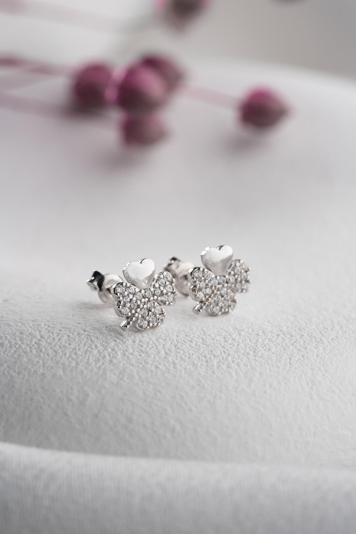 Sterling Silver Clover Earrings | Zircon Lucky Studs | Minimal Jewelry