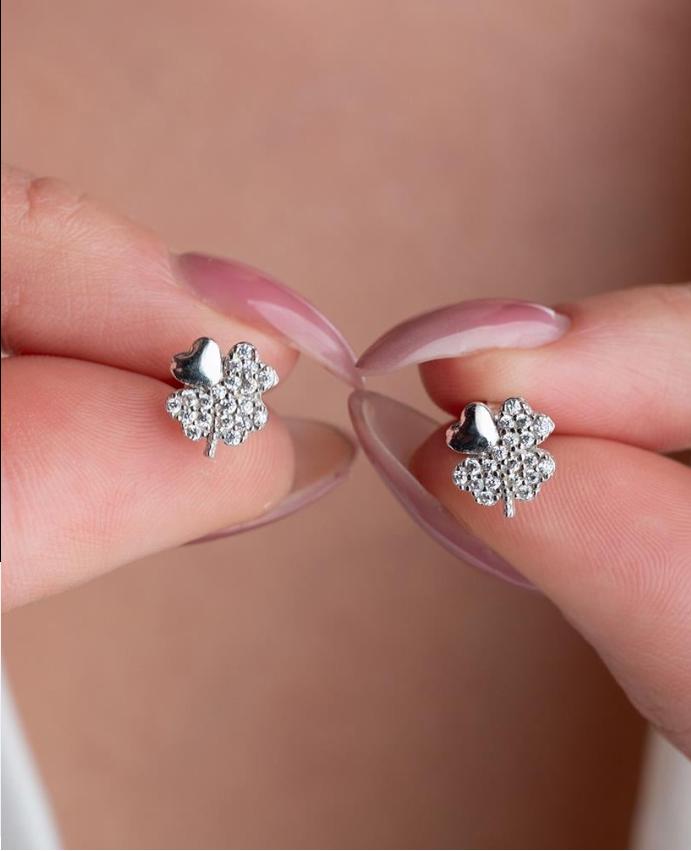 Sterling Silver Clover Earrings | Zircon Lucky Studs | Minimal Jewelry